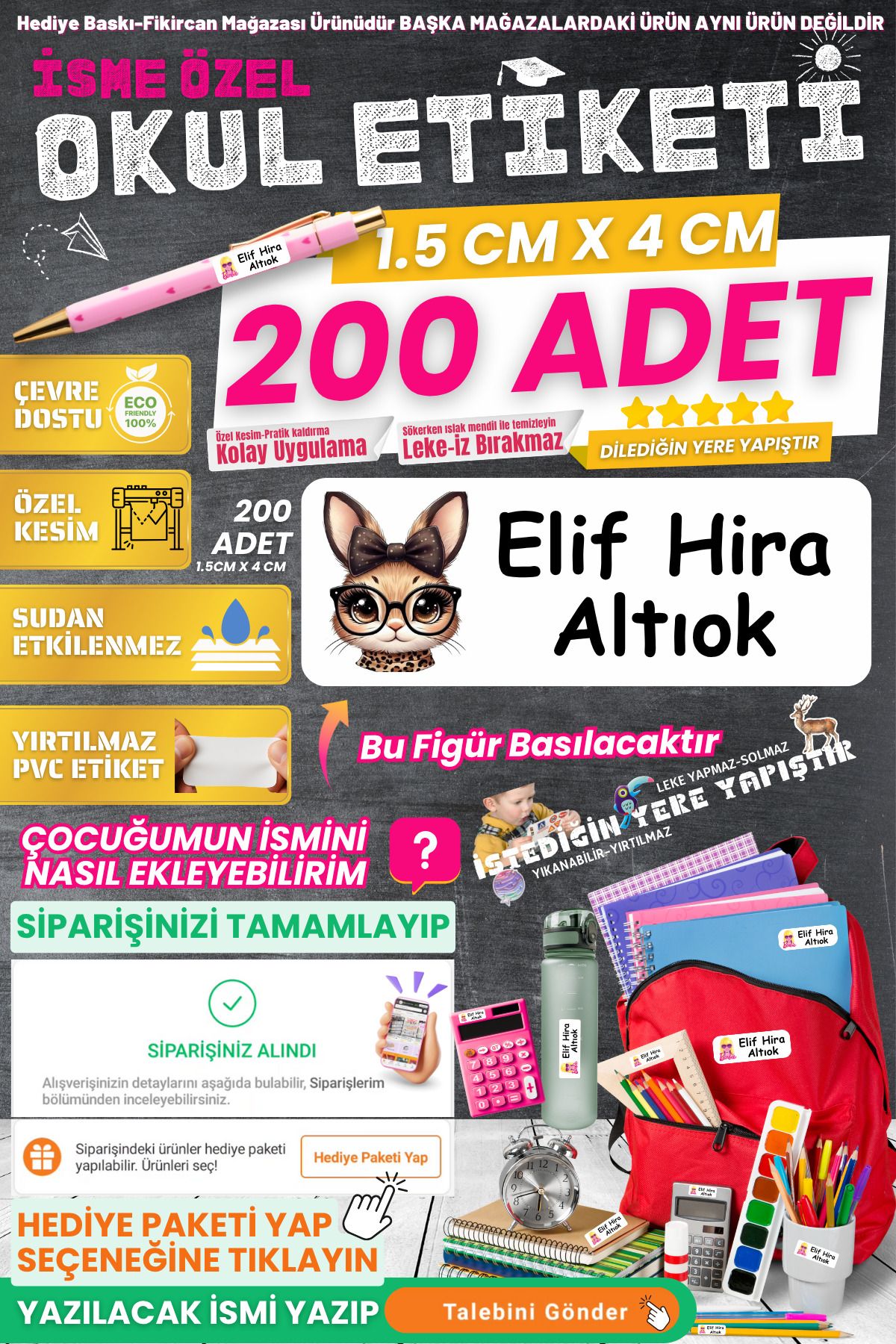 FİKİRCAN Fikircan-İsme Özel Okul Etiketi-SEVİMLİ TAVŞAN 2 200 Adet - Kokusuz Ekolojik Mürekkep PVC ETİKET