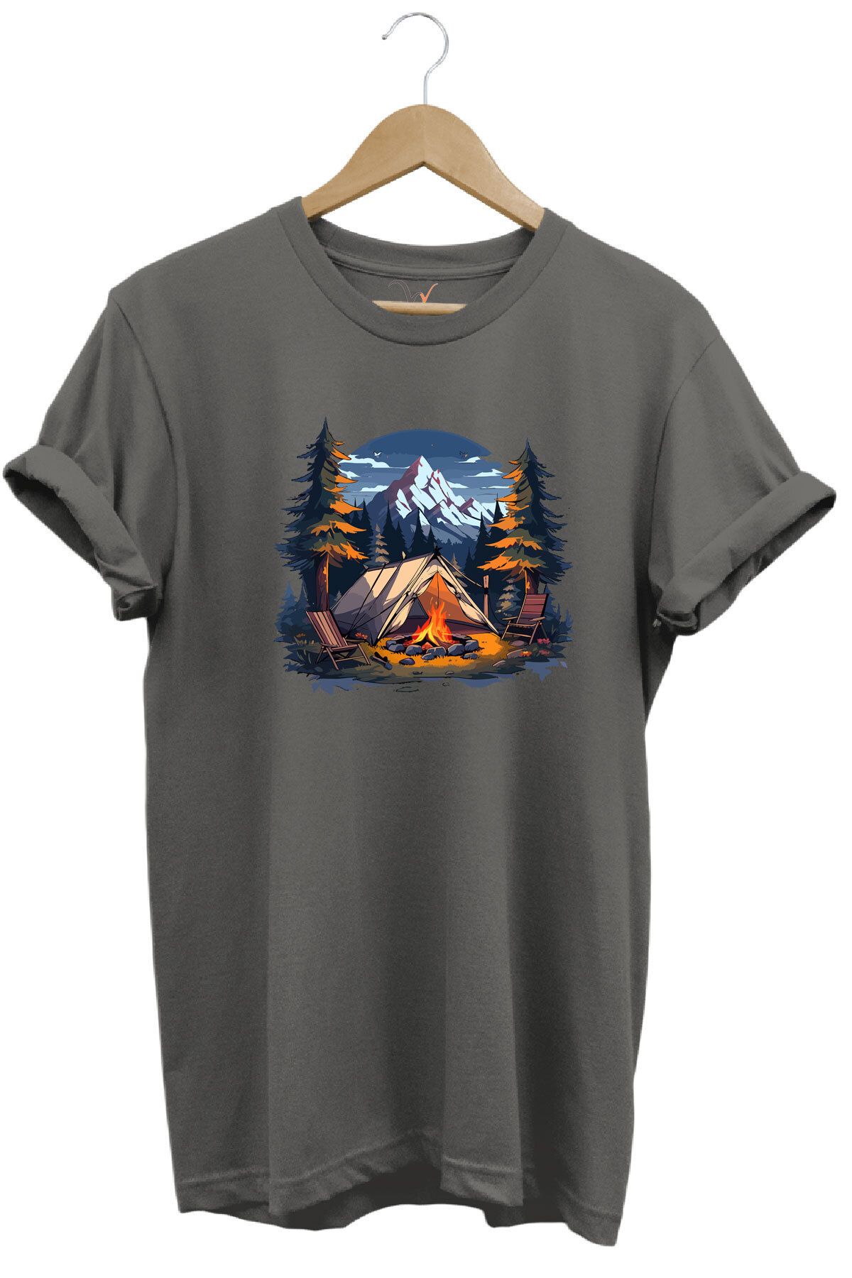 WİDİ Yazlık Kamp Doğa Çadır ve Dağ Baskılı %100 Pamuk Regular Fit Bisiklet Yaka T-shirt