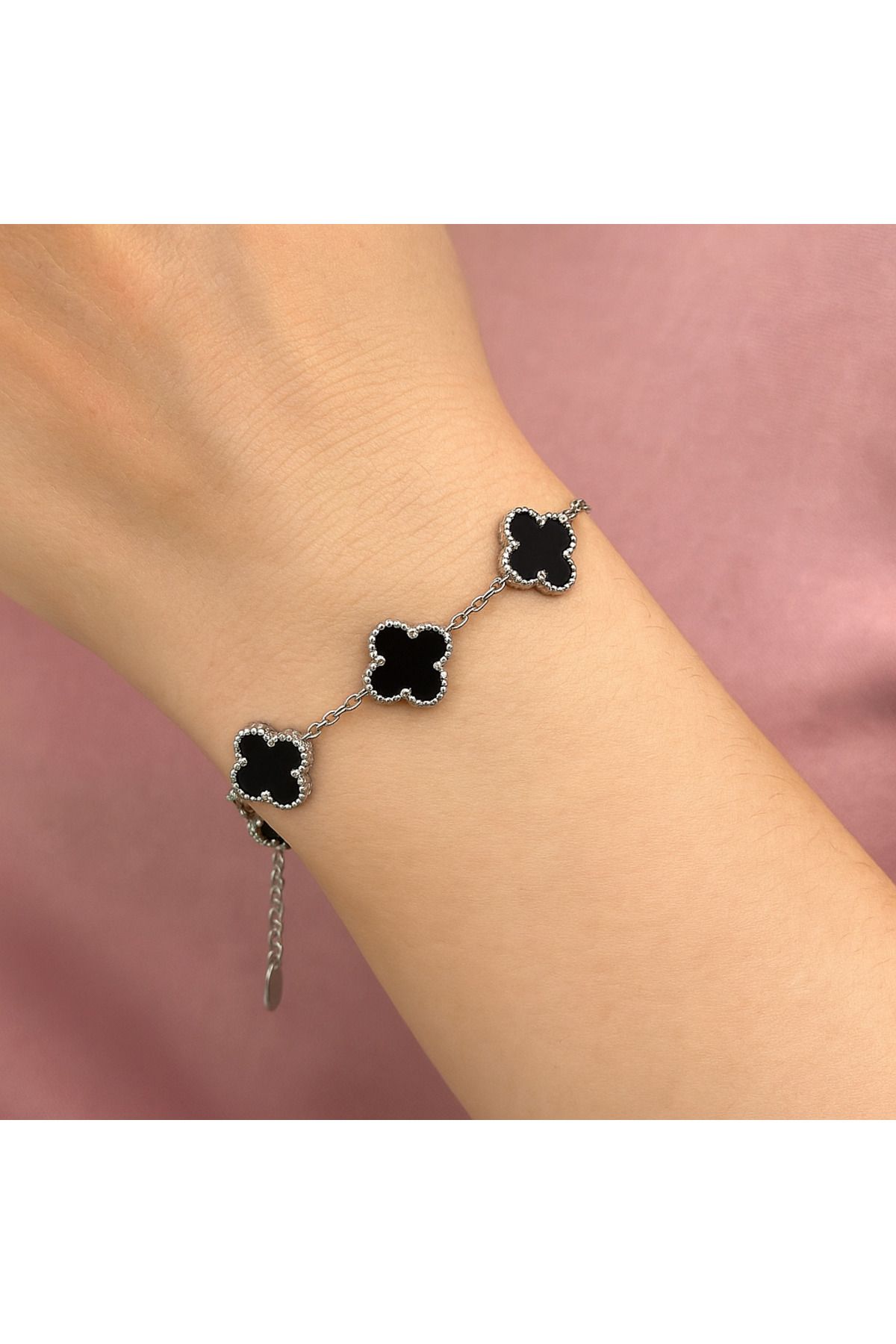 AYZENA Van Cleef Yonca Model Gümüş - Siyah Bileklik