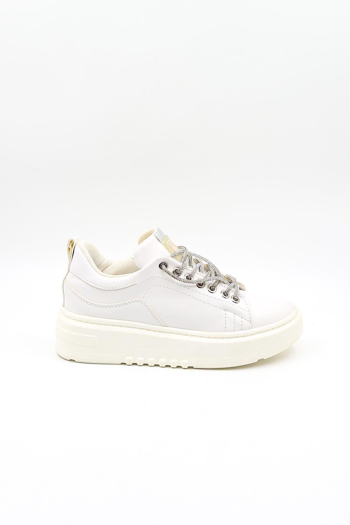 KRISTE BELL Yüksek Taban Taşlı Bağcıklı Sneaker Kadın Spor Ayakkabı Kb6002 Beyaz