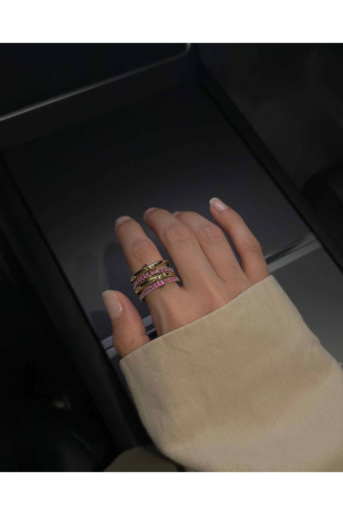 kems jewels Spinelli Tasarım Dört Halkalı Pembe Zirkon Taşlı Çelik Yüzük