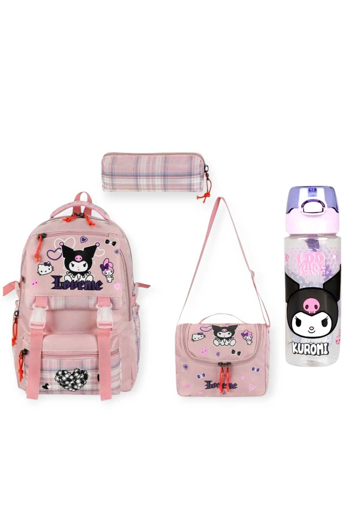 MASTER PACK Love Me Okul Çantası - Beslenme Çantası , Kalemlik Üçlü Set , Kuromi 500 ml Suluk&Matara Hediye
