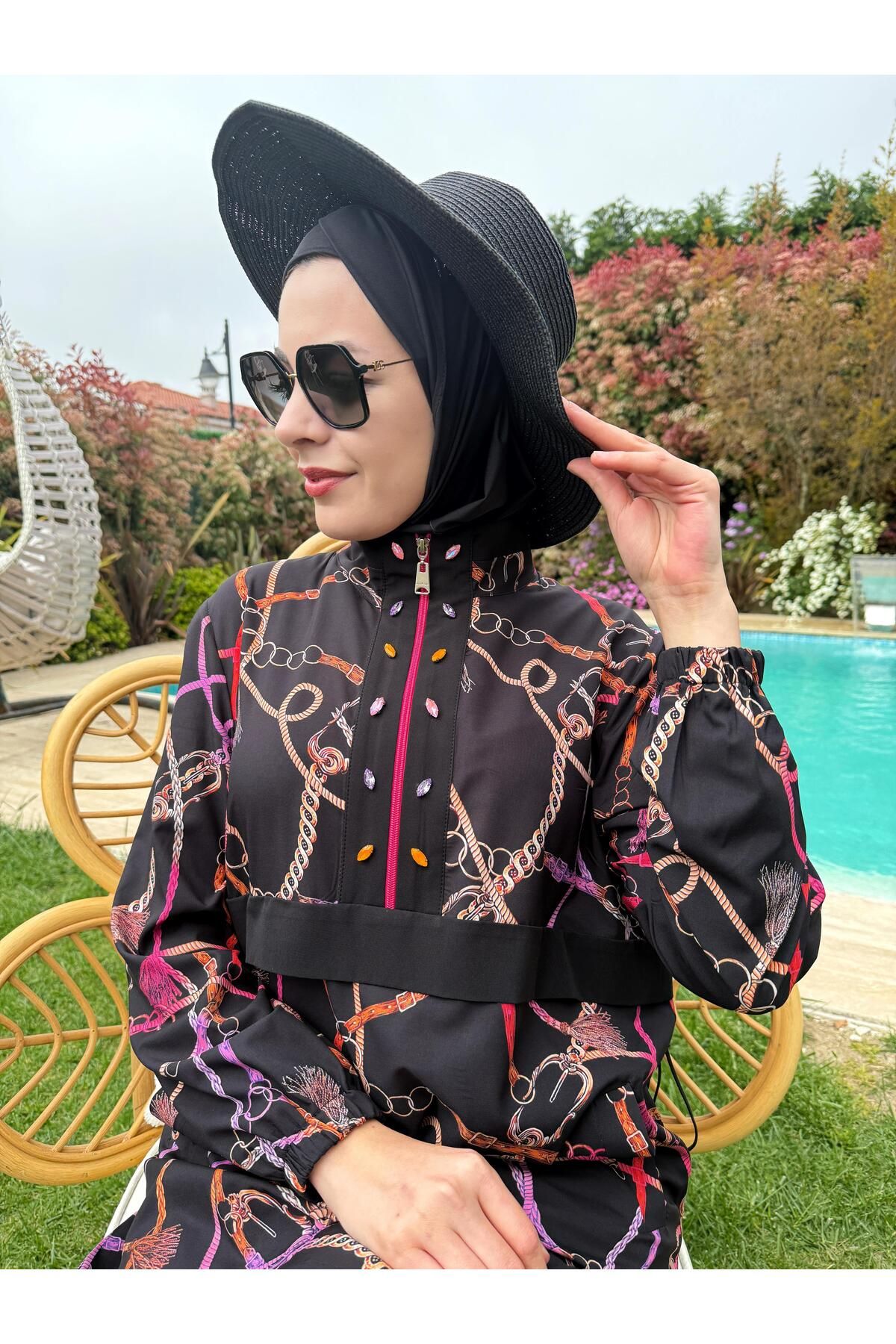 Moodbasic MOODBASİC SWİMWEAR ZİNCİR DESENLİ TAŞLI TESETTÜR MAYO