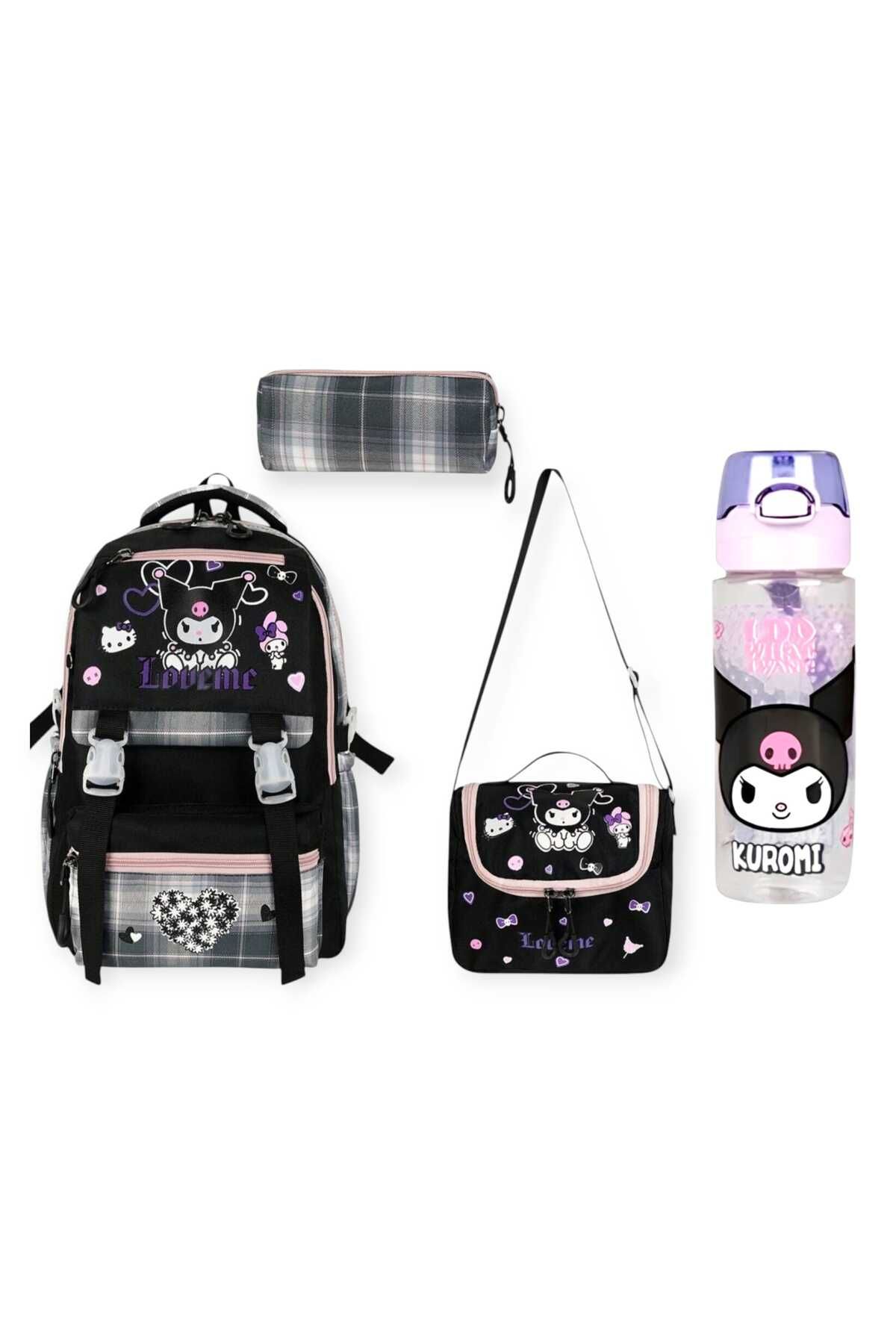 MASTER PACK Love Me Okul Çantası - Beslenme Çantası , Kalemlik Üçlü Set , Kuromi 500 ml Suluk&Matara Hediye