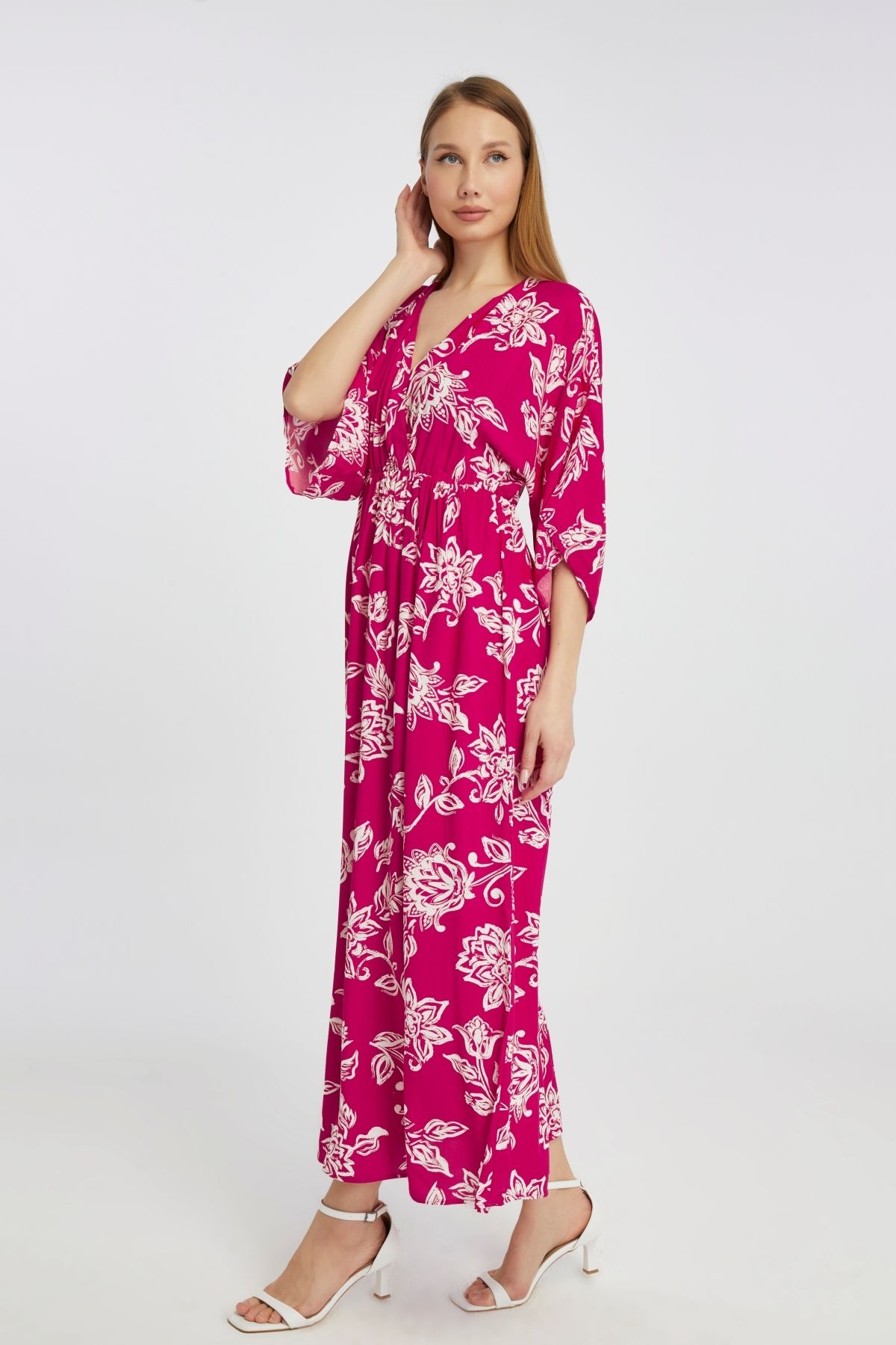 Butik Pembe Beyaz Çiçek Kruvaze Yaka Elbise