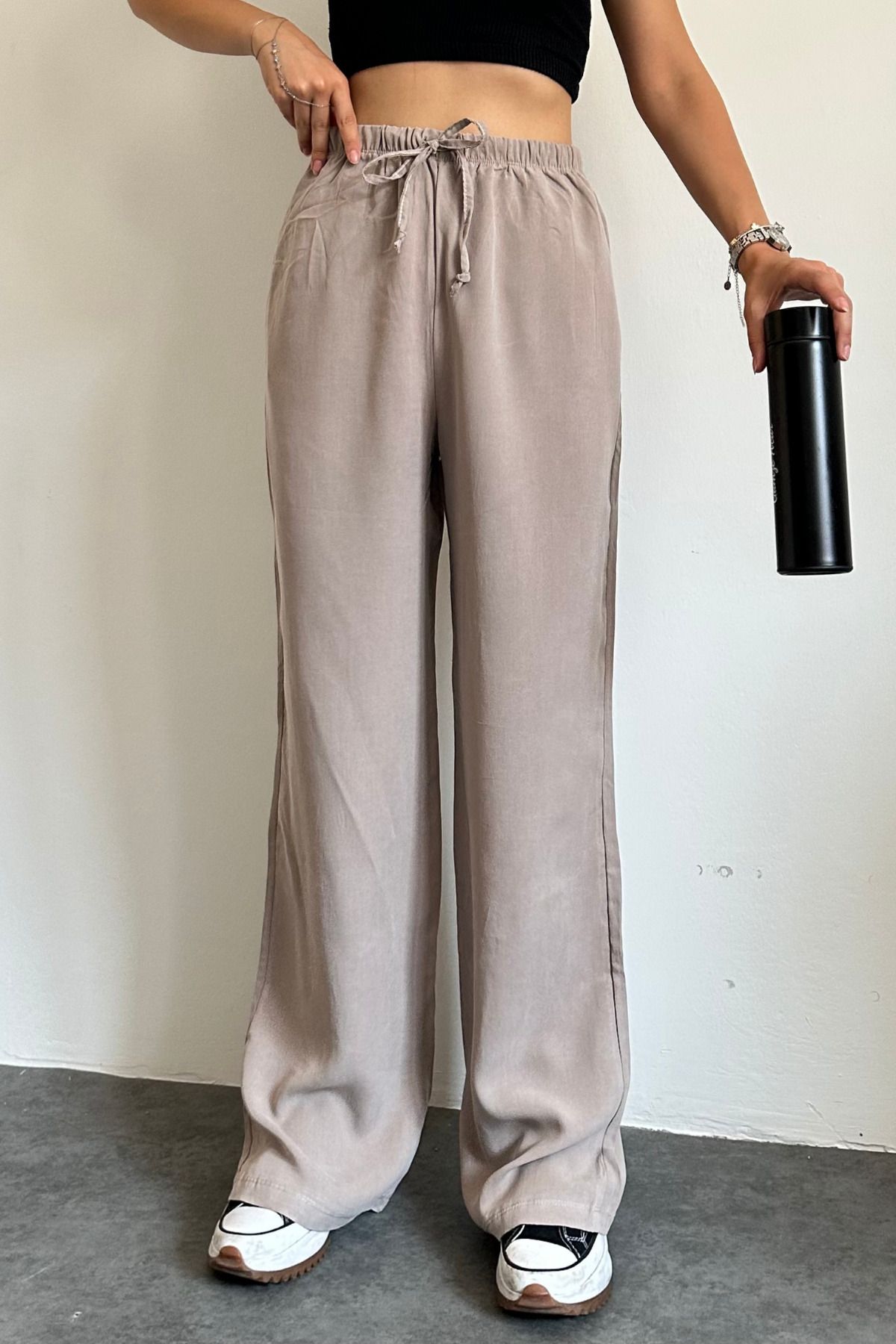 adba style Bağcıklı Beli Lastikli Yıkamalı Modal Dokuma Palazzo Kadın Pantolon 4016