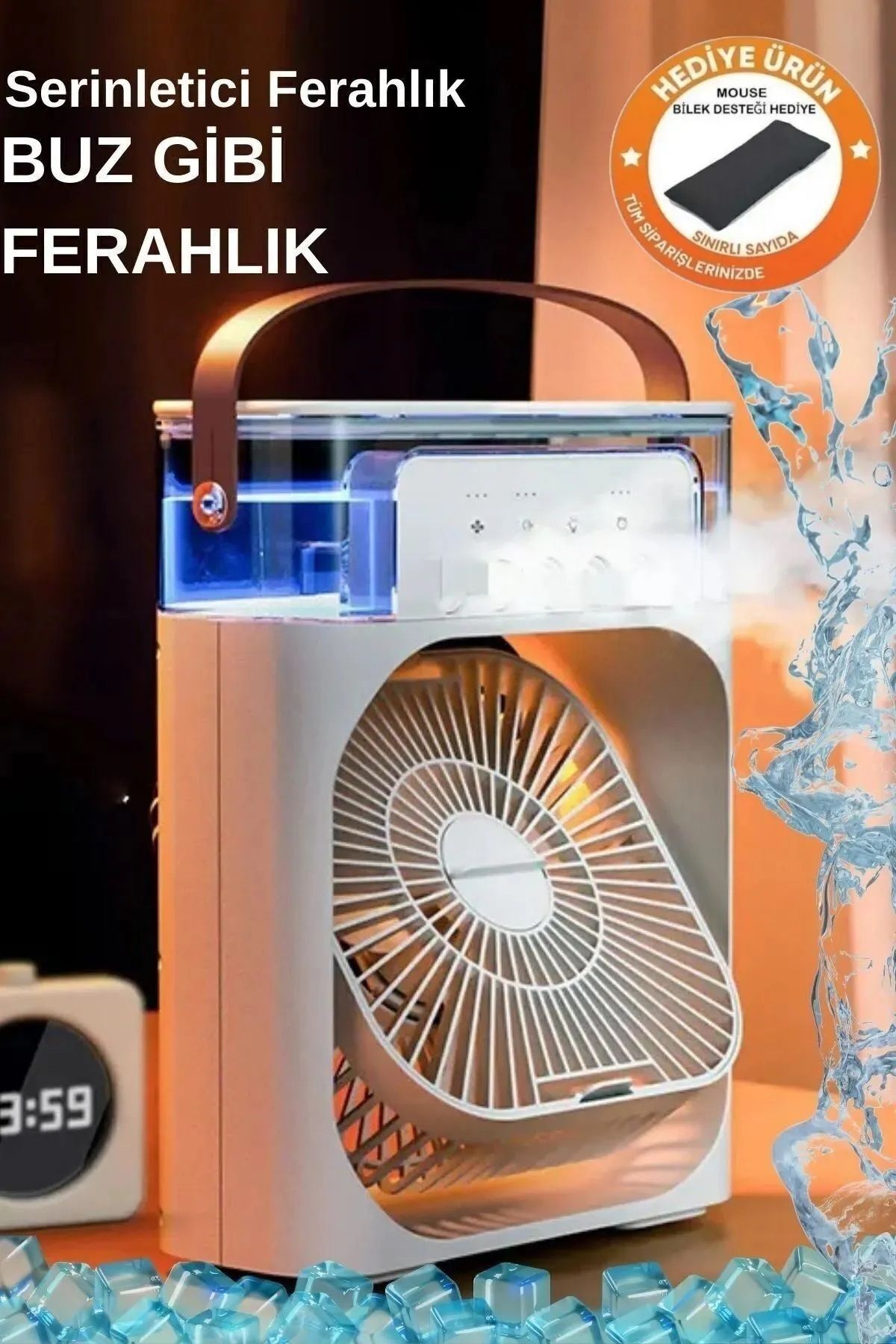 Zineets Sulu Soğutmalı Masaüstü Fan Vantilatör 3 Kademli Işıklı Süper Soğutma Taşınabilir