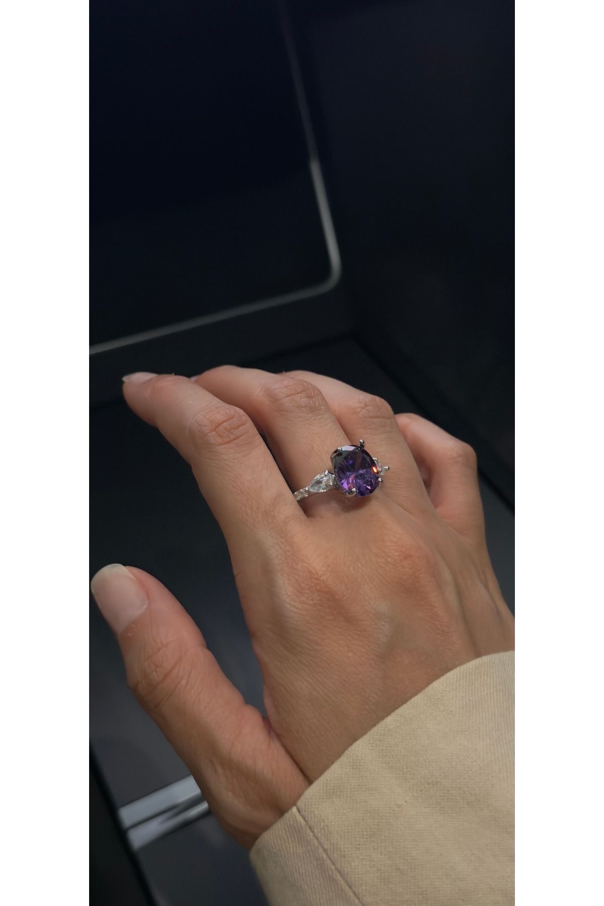 kems jewels Tek Taş Model Mor Zirkon Taşlı Gümüş Kaplama Ayarlanabilir Çelik Yüzük