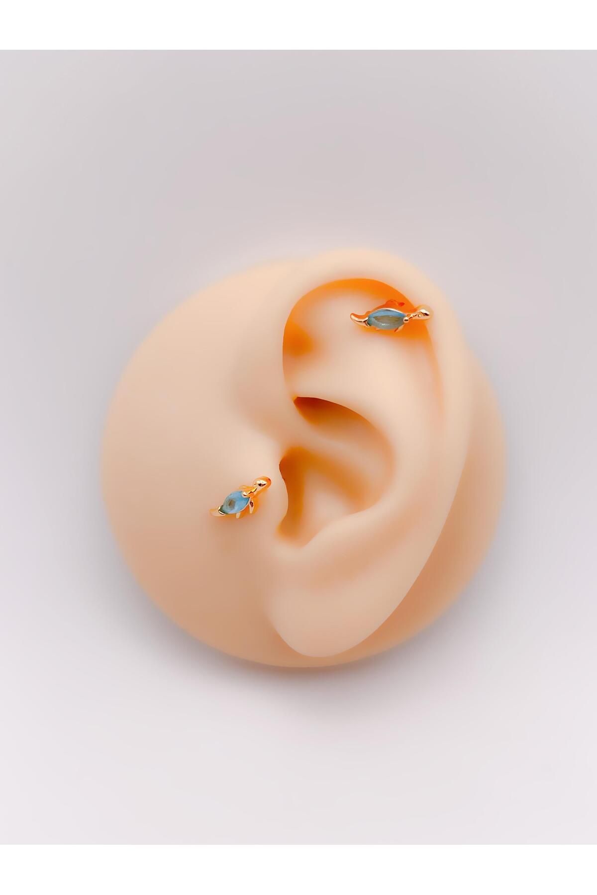 Trinos Cerrrahi Çelik Piercing ( Pirsing ) Mavi Taşlı Kaplumbağa Tragus Helix Piercing (1adet)
