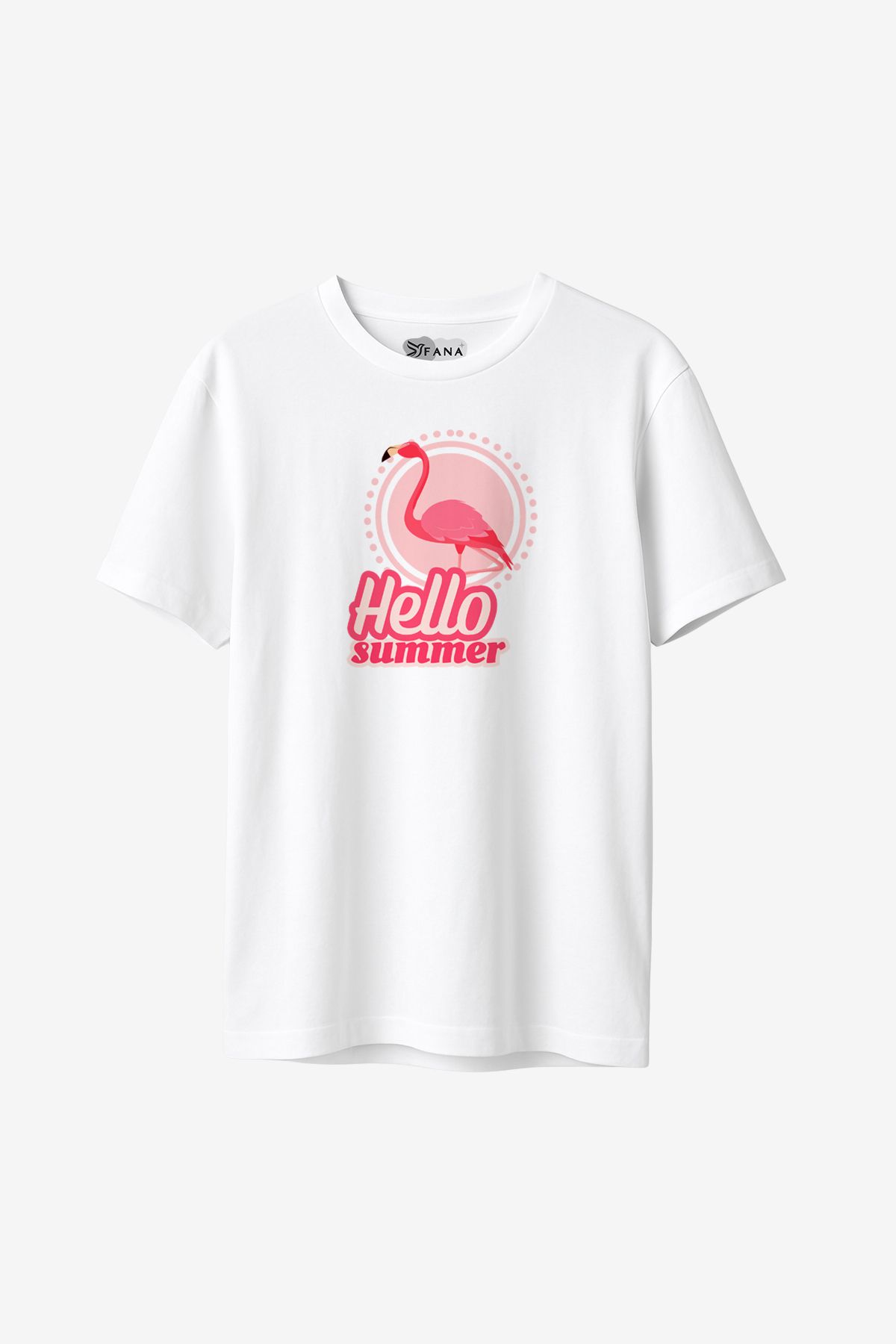 FANA Kadın Beyaz Tişört Pembe Flamingo Baskılı Yazlık T-shirt