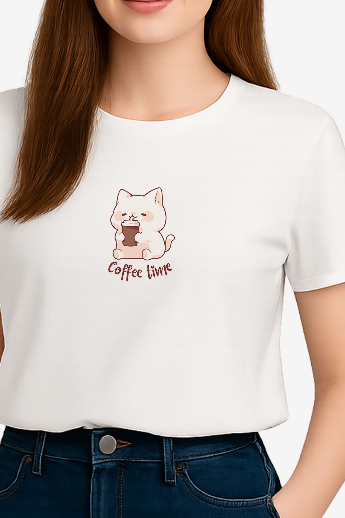 FANA Kadın Beyaz Tişört Minimal Kedi Kahve Baskılı Yazlık T-shirt