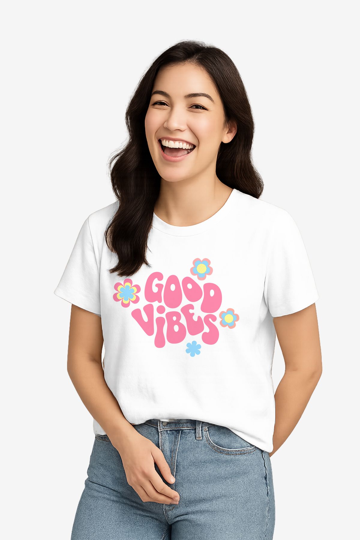 FANA Kadın Beyaz Tişört Renkli Retro Slogan Baskılı T-shirt
