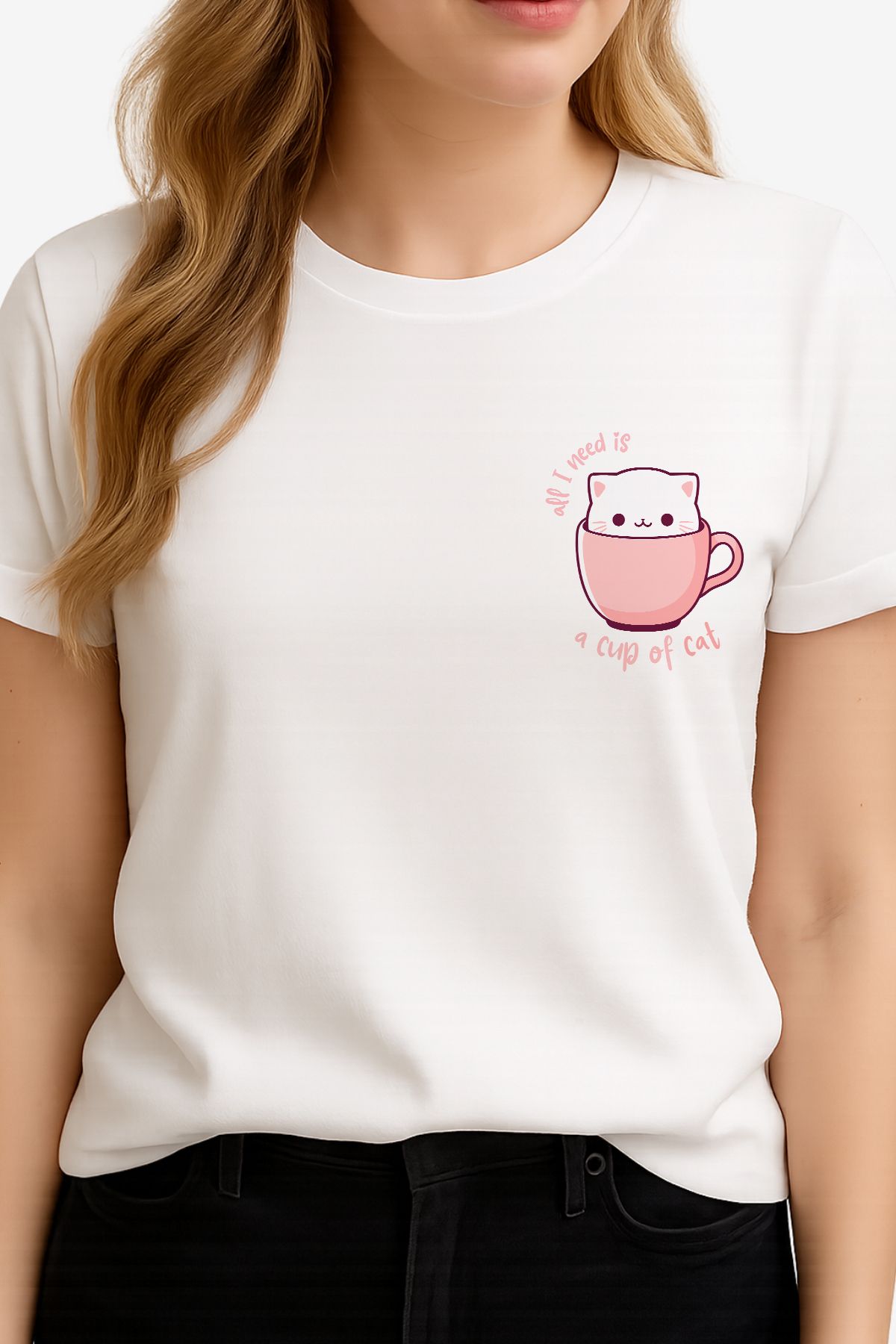 FANA Kadın Beyaz Tişört Renkli Kedi Fincan Baskılı Yazlık T-shirt