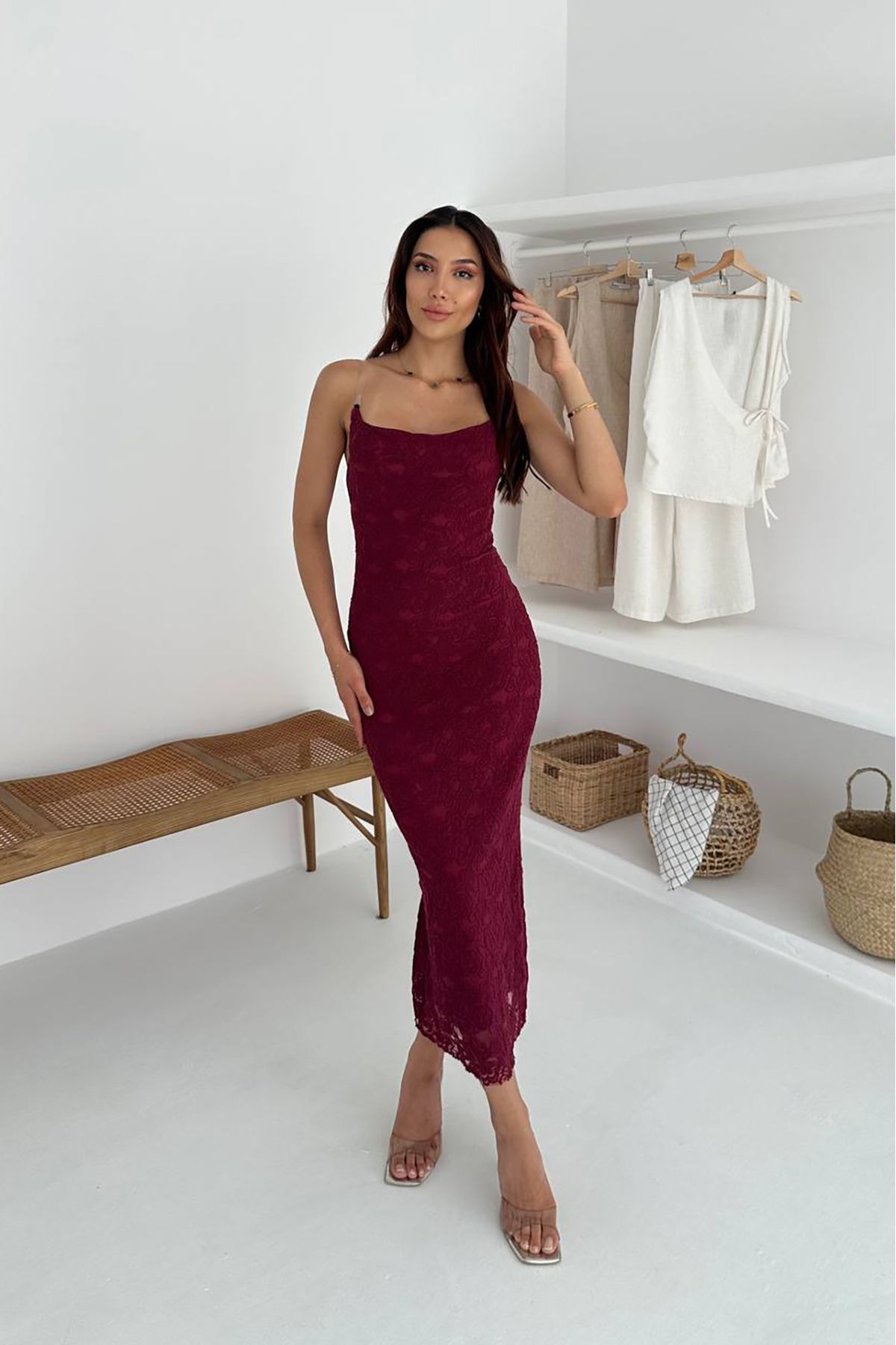 Neşeli Butik kadın vücuda oturan midi boy tül elbise NBK060