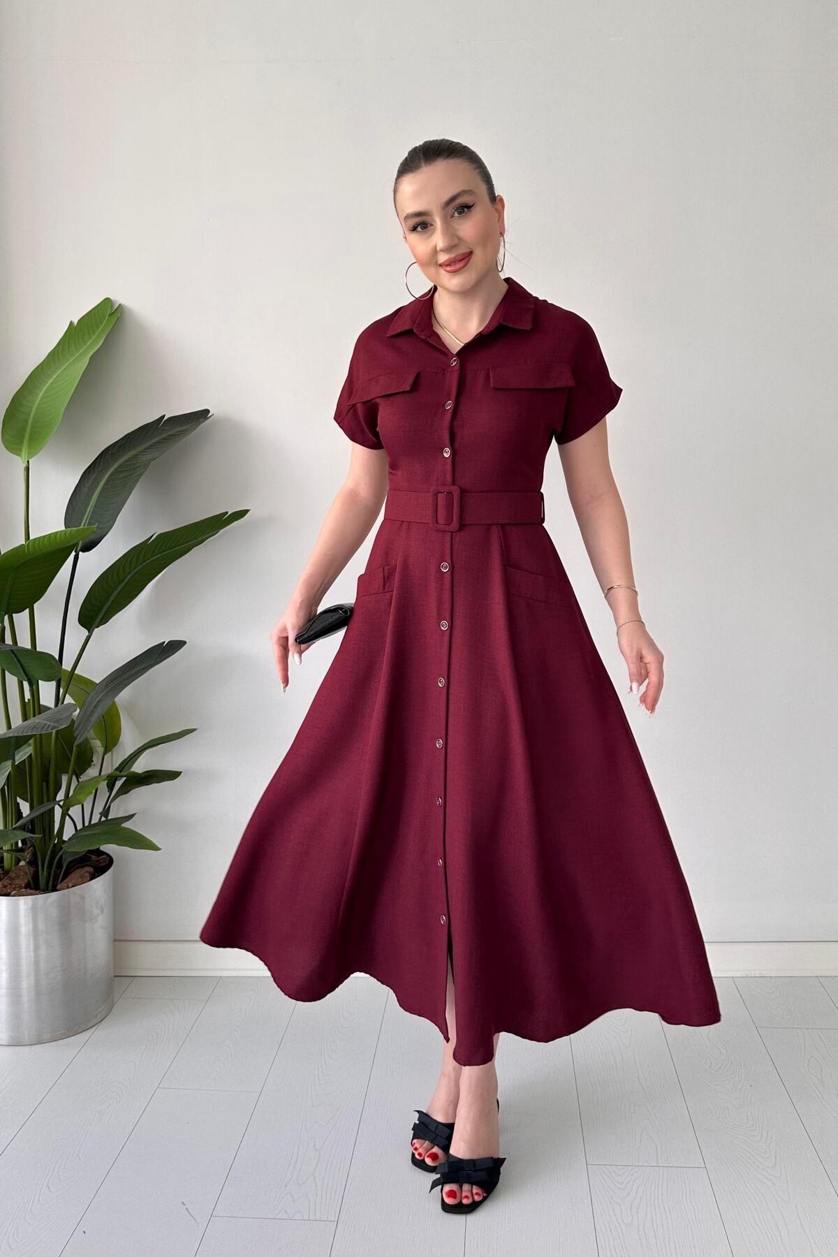 MaziButik Cepli Gömlek Elbise Bordo