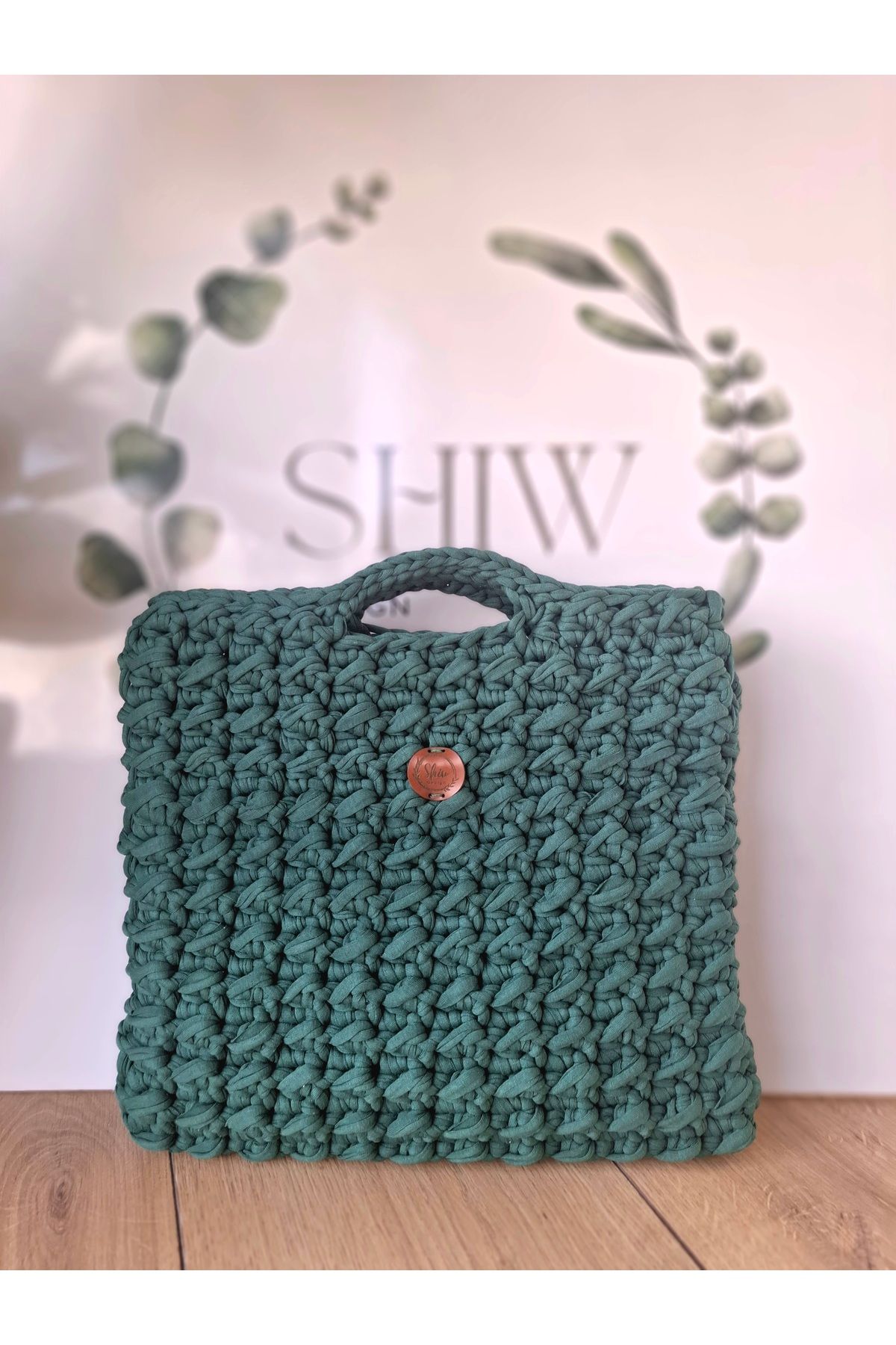 Shiw Design Yeşil Penye İp Örgü Çanta El Çantası Plaj Çantası Hasır Çanta Yazlık Çanta
