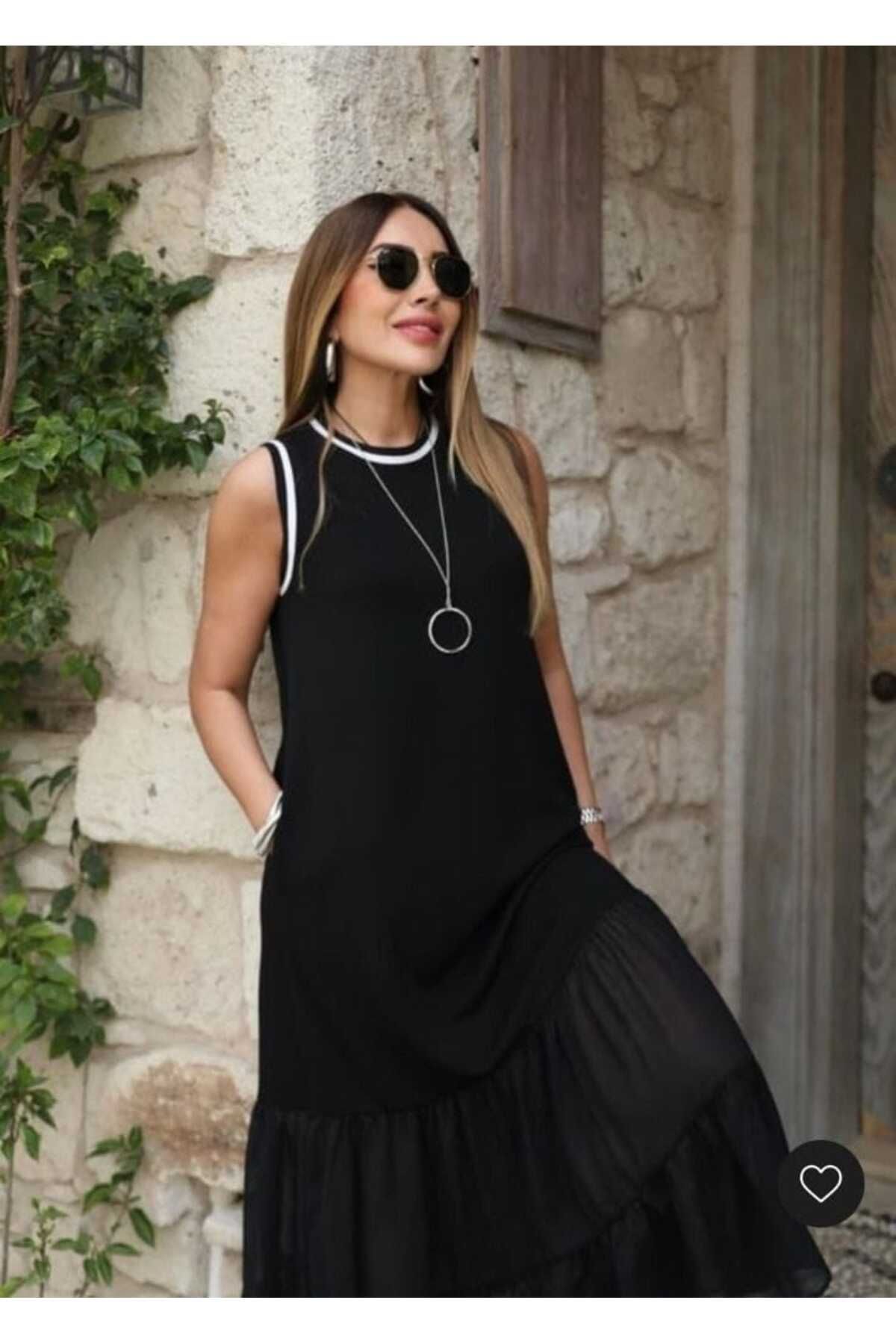 buketli collection Siyah ribana detaylı eteği şifon elbise