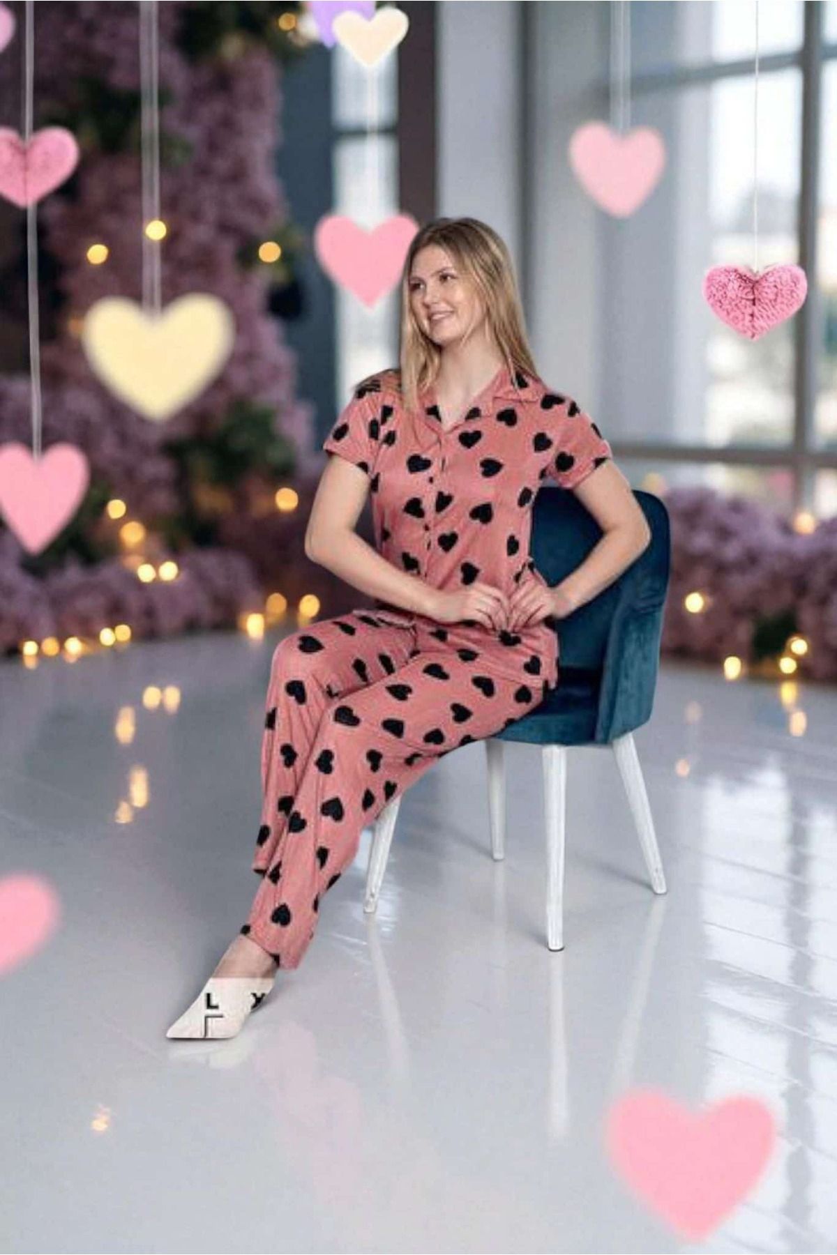 ÇEÇEN HOME Pembe Kısa Kol Gömlek Yaka Pijama Takım