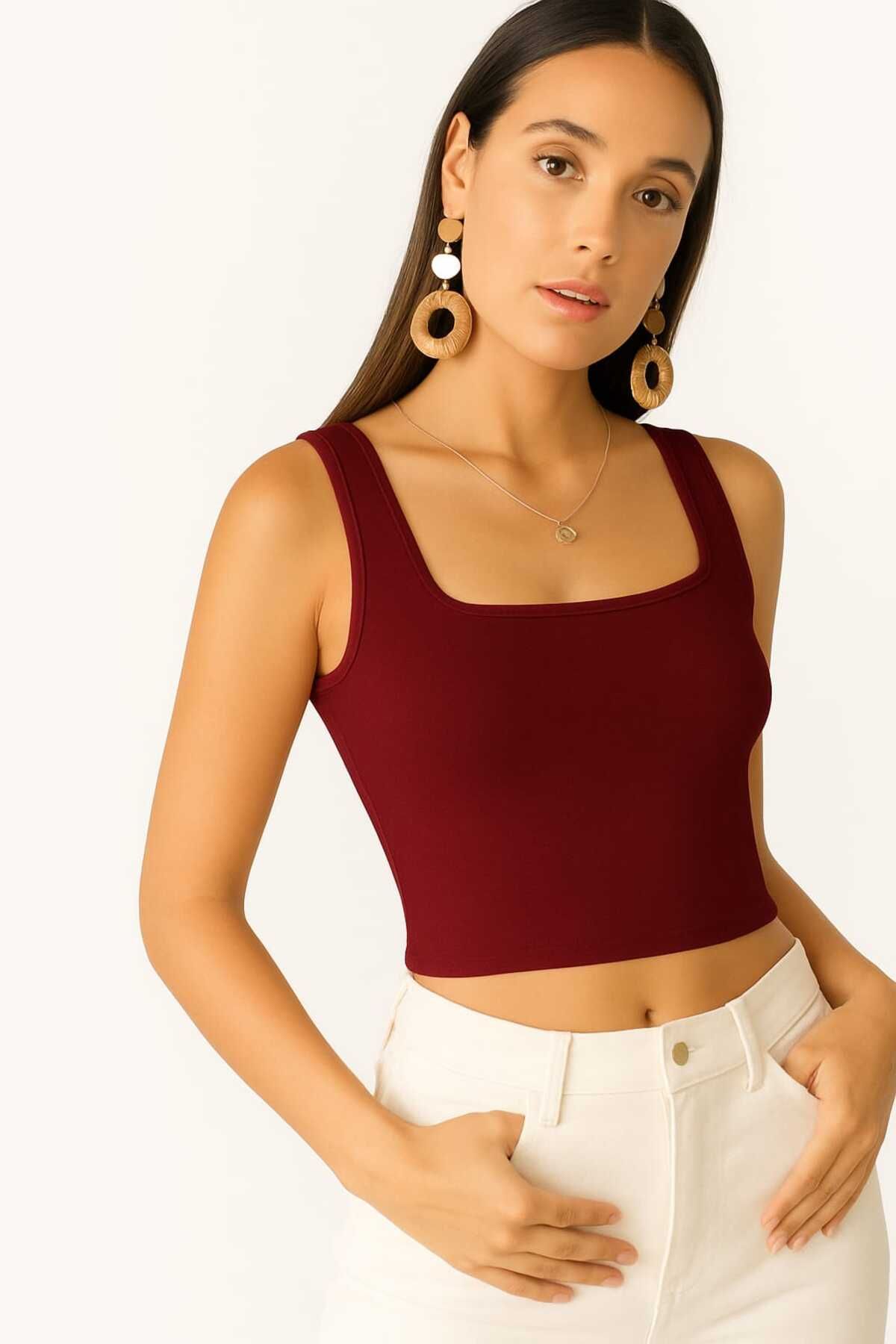 By Kul Design KADIN KARE YAKA LİKRALI JARSE CROP TOP