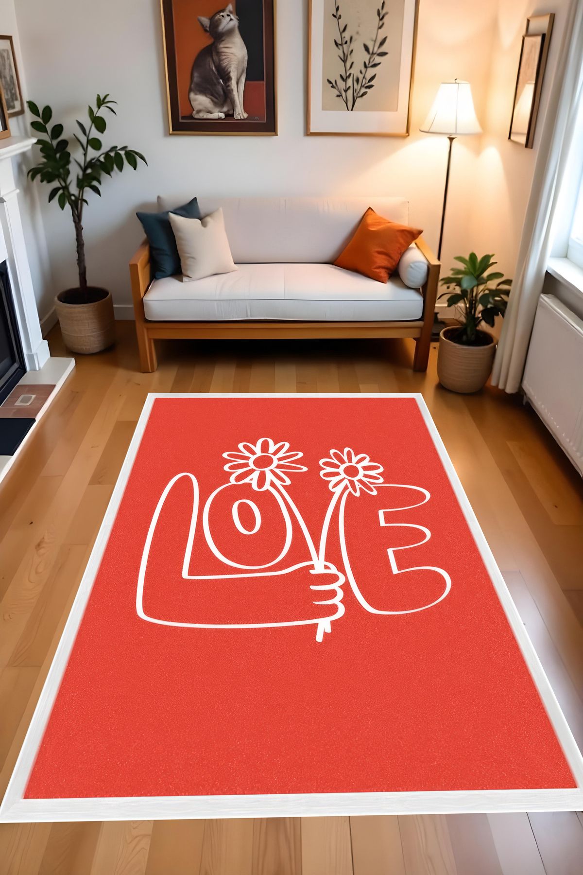 Liriya Dijital Baskı Love Temalı Kırmızı Kaymaz Taban Leke Tutmaz Makinada Yıkanabilir Salon Halısı