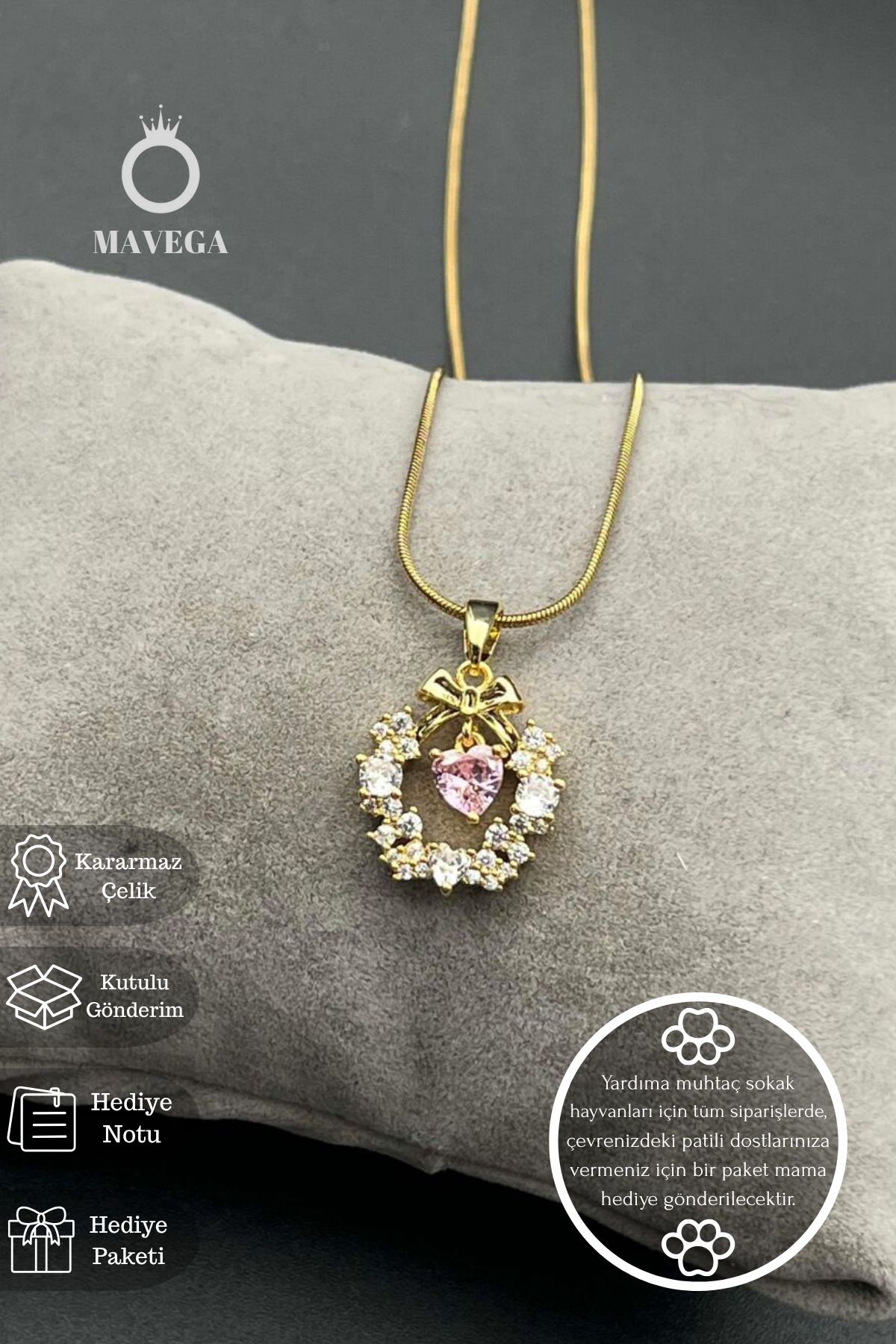 MAVEGA Kadın Kararmaz Çelik İnce İtalyan Zincirli Zirkon Taşlı Kalpli Fiyonk Detaylı Altın Renk Kolye