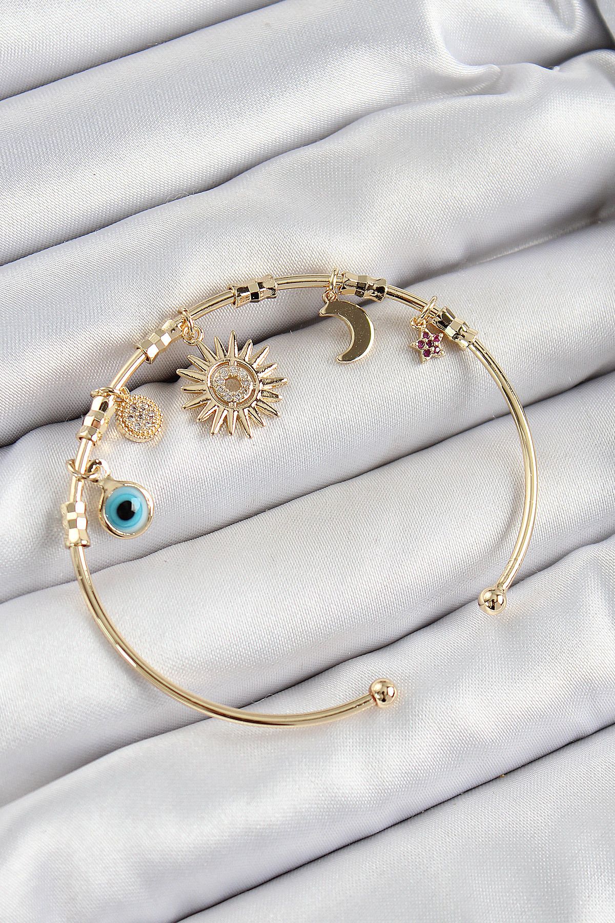 Toptan Bulurum Pirinç Zirkon Taşlı Güneş Ay Nazar Model Gold Renk Charm Bileklik