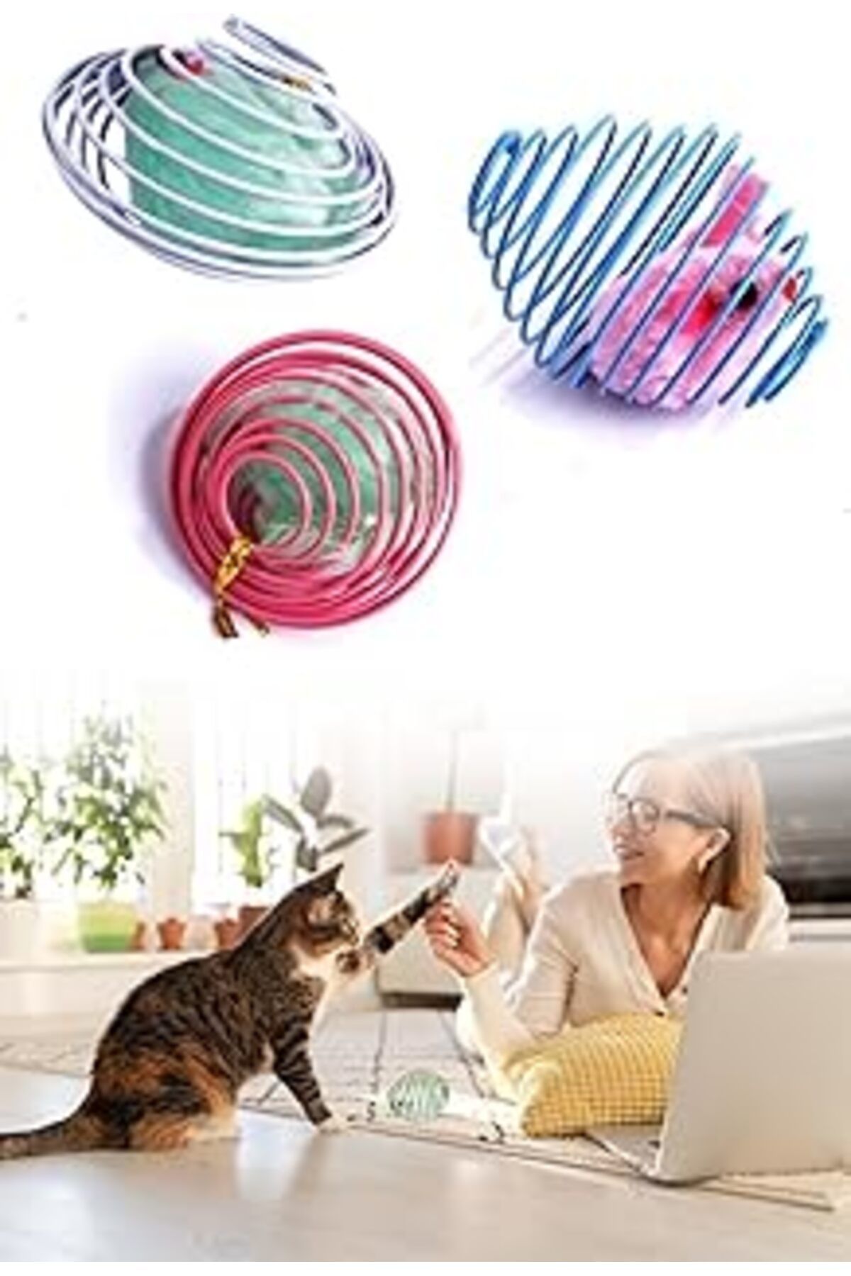 Mu Art Ahşap Buffer Yaylı Metal Fareli Kafes Kedi Oyun Topu Sıçrayan Spiral Kedi Topu