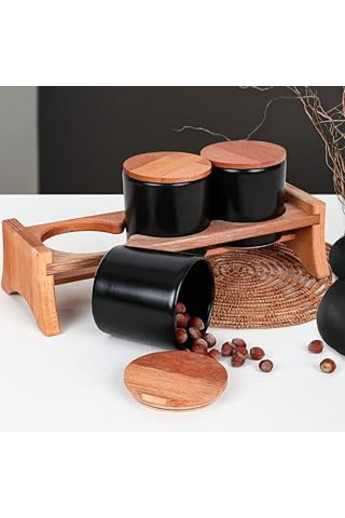 Qedii Keramika Mat Siyah Ege Ahşap Standlı Saklama Kabı 10 Cm 3 Parça
