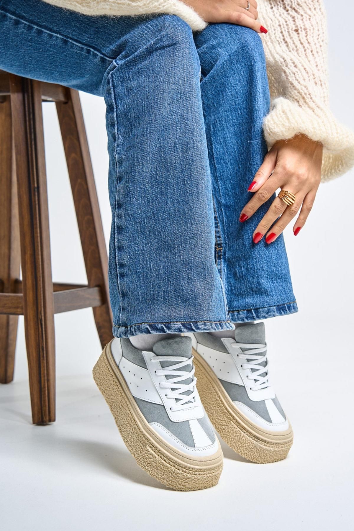 Bestyle Alves Kadın Beyaz-Gri Gerçek Deri Sneaker