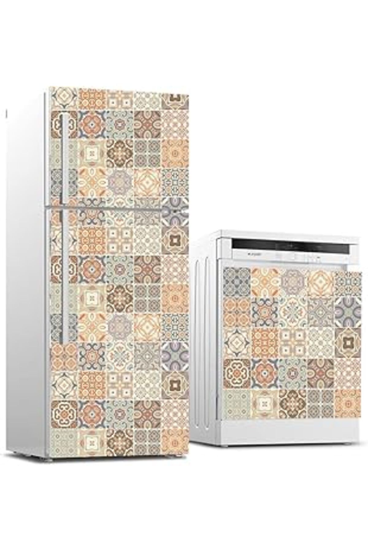 Mu Art Ahşap Buzdolabı Ve Bulaşık Makinası Beyaz Eşya Sticker Kaplama Renkli Fayans Desen