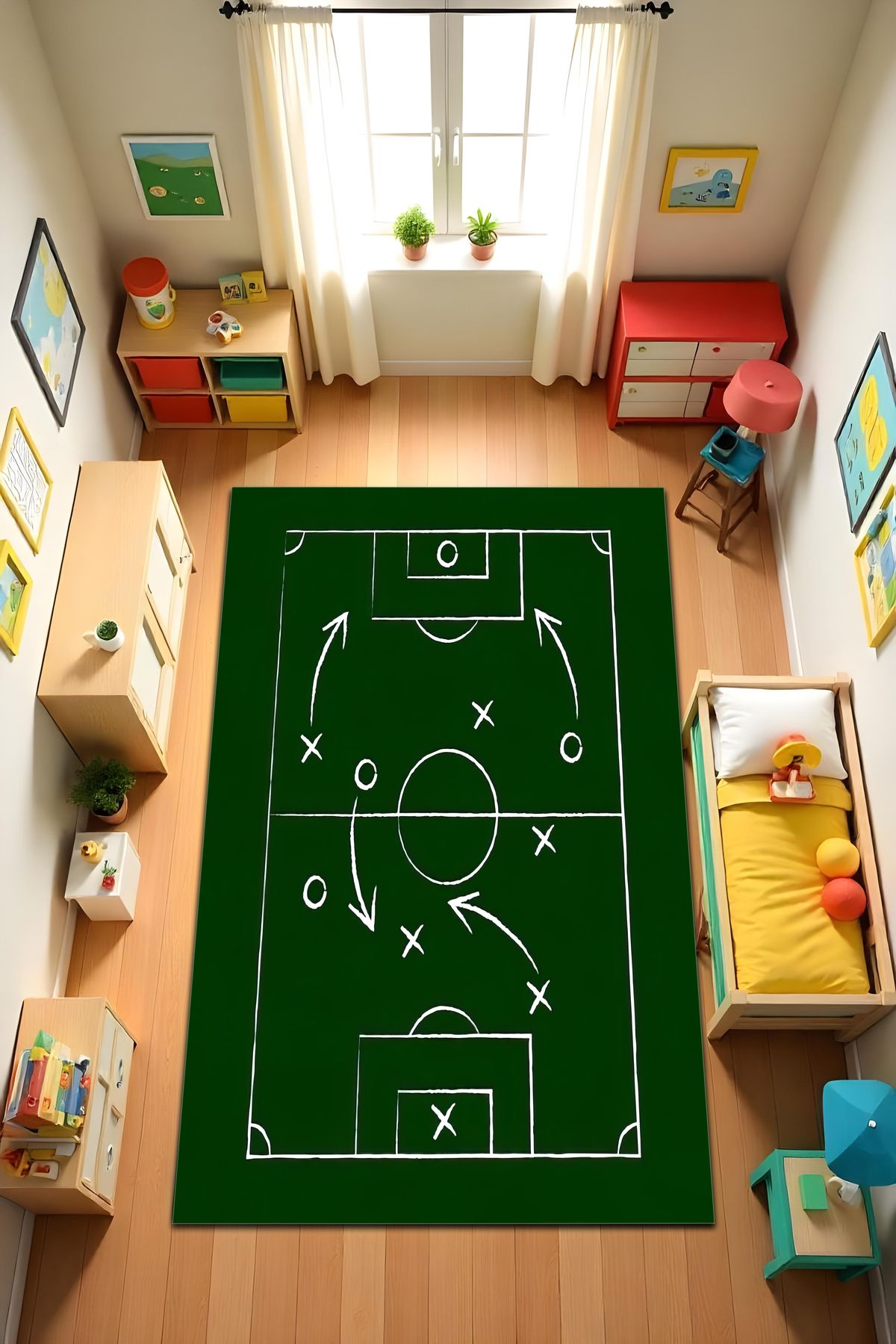 Liriya Dijital Baskı Futbol Temalı Kaymaz Taban Leke Tutmaz Yıkanabilir Salon Halısı ve Genç Halısı
