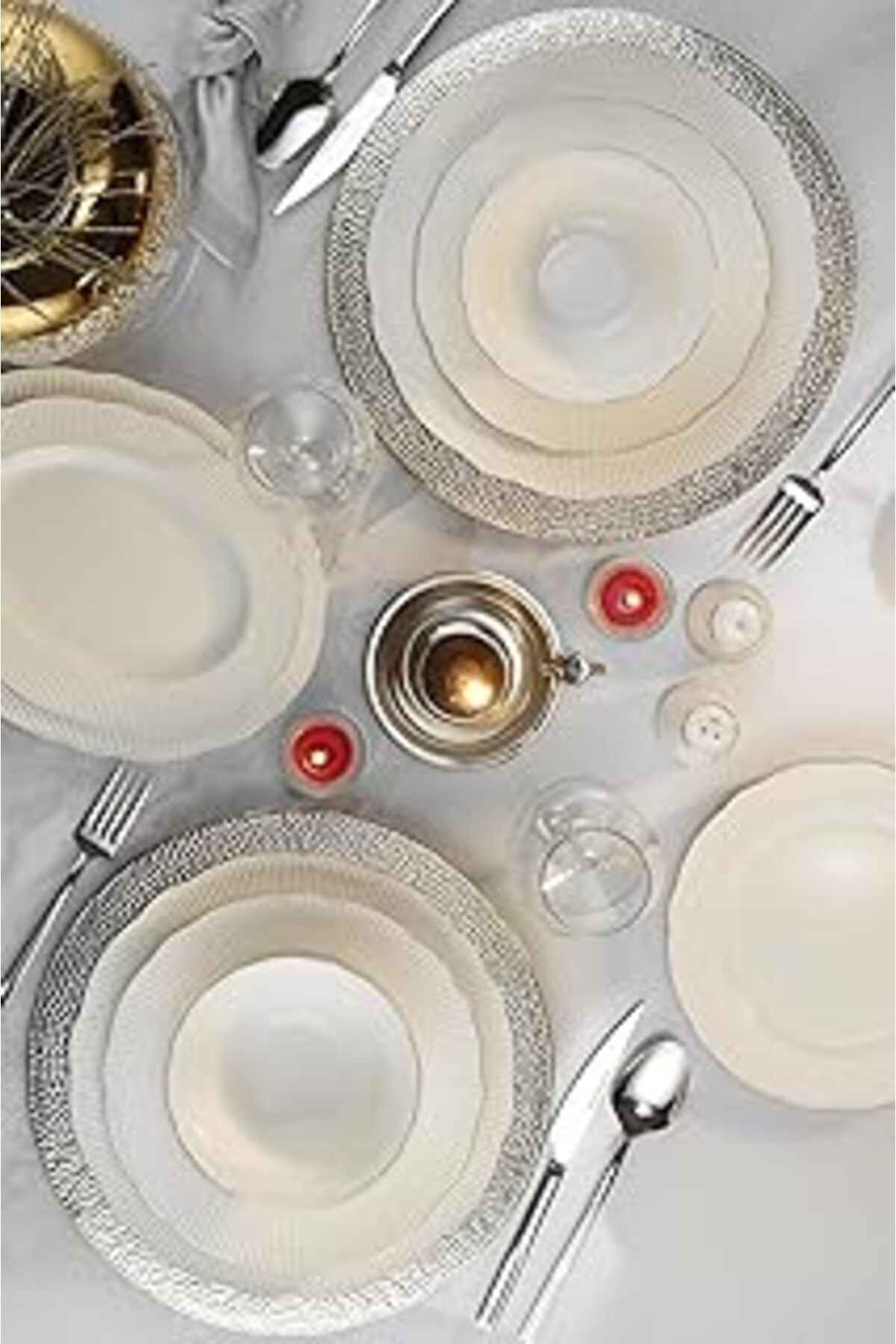 ASİTAN Porselen Bone Ilay 58 Parça 12 Kişilik Yemek Takımı, Platin