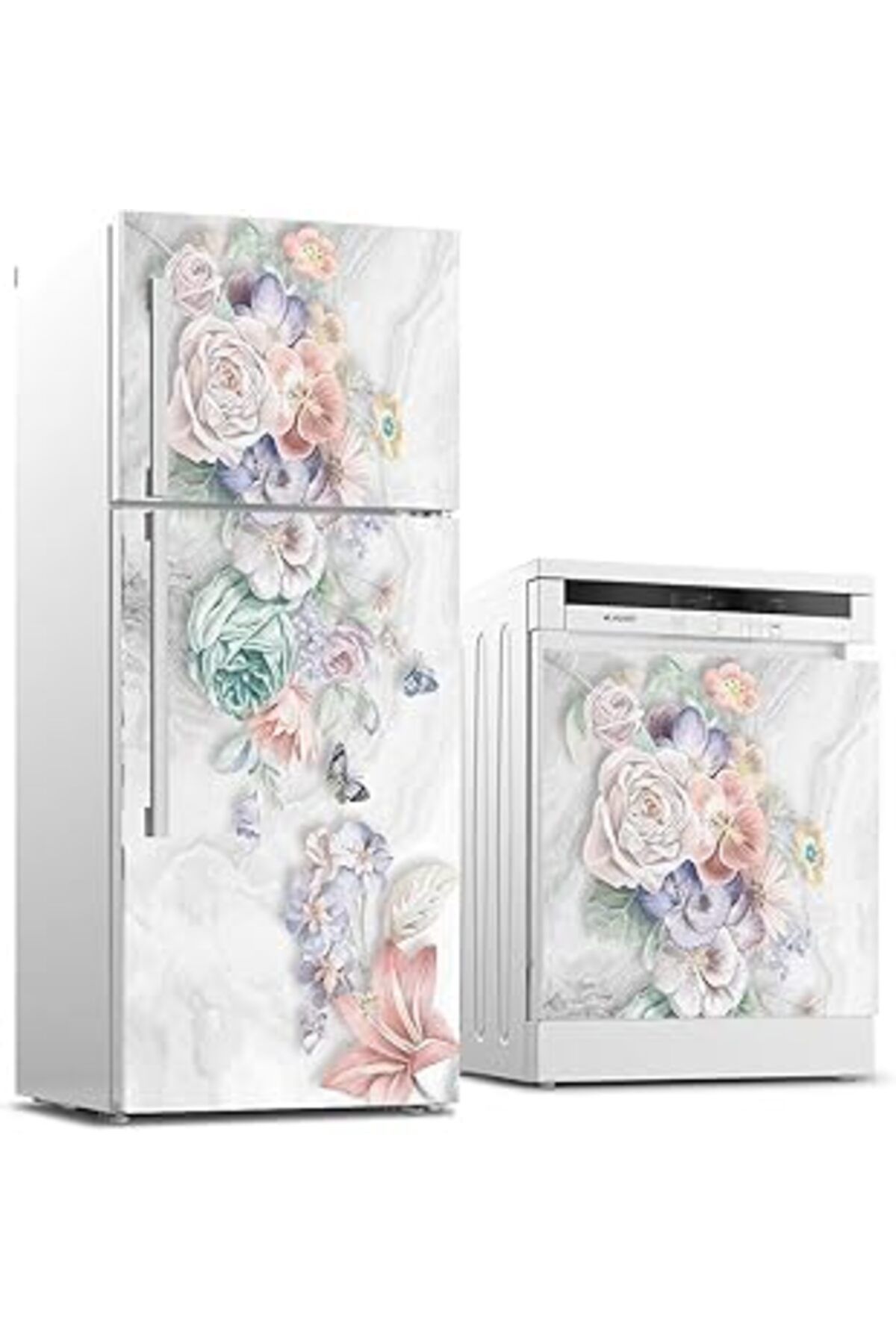 Mu Art Ahşap Buzdolabı Ve Bulaşık Makinası Beyaz Eşya Sticker Kaplama Çiçekler Ve