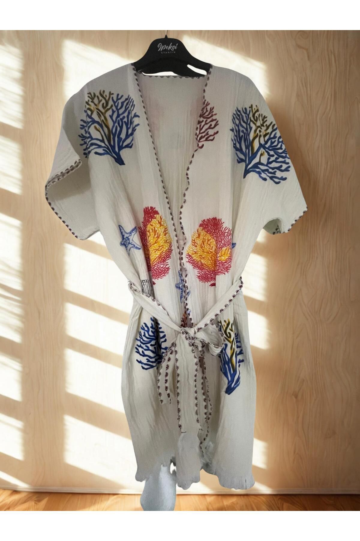 TekStilize Deniz Grubu Ağaç Desenli Kimono (%100 PAMUKLU)