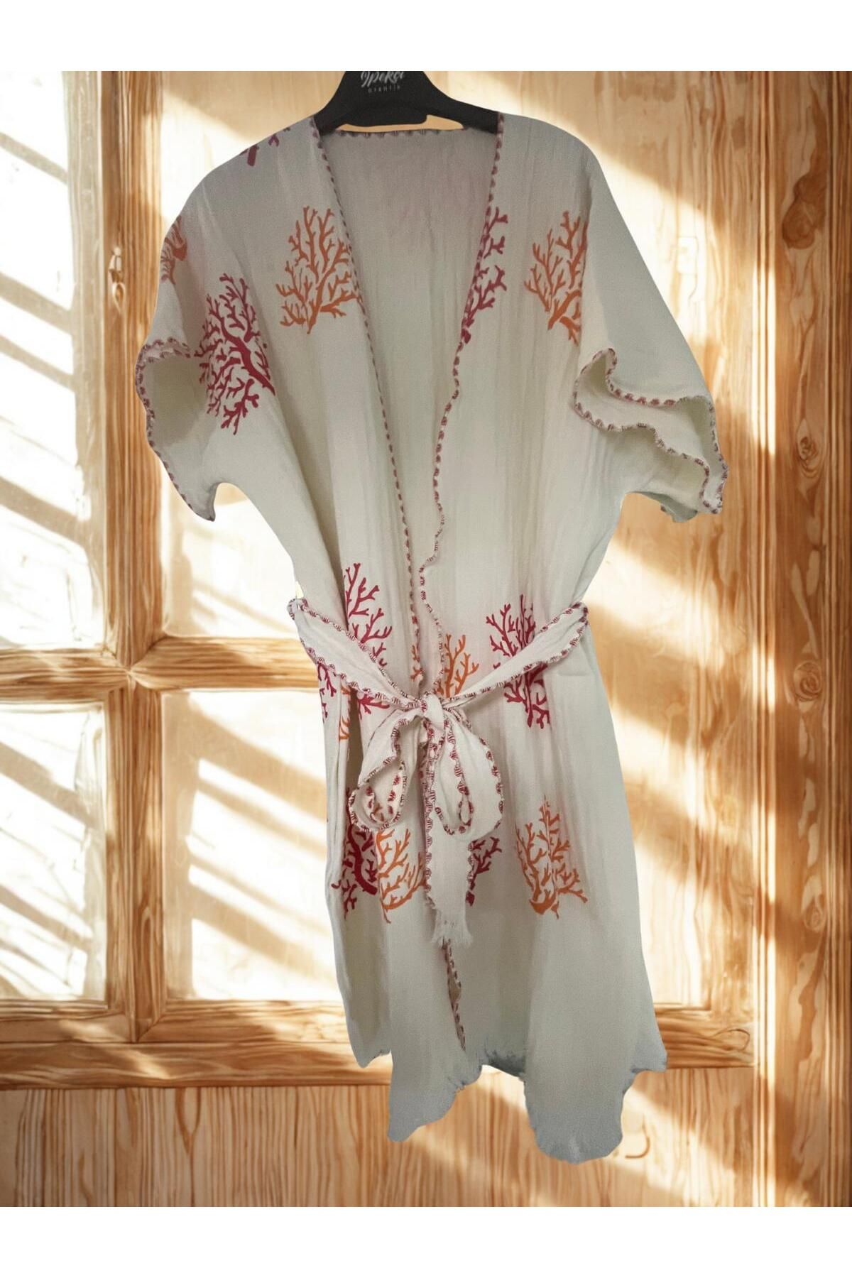 TekStilize Deniz Grubu Pembe Mercan Desenli Kimono (%100 PAMUKLU)
