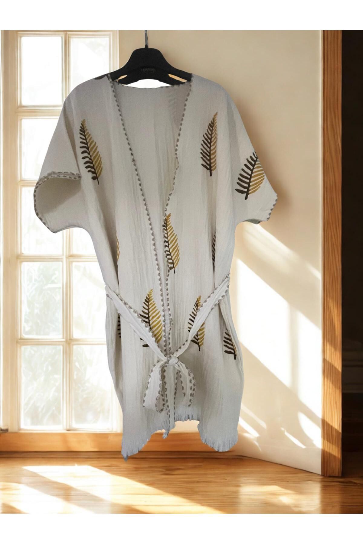 TekStilize Deniz Grubu Kahverengi Yaprak Desenli Kimono (%100 PAMUKLU)
