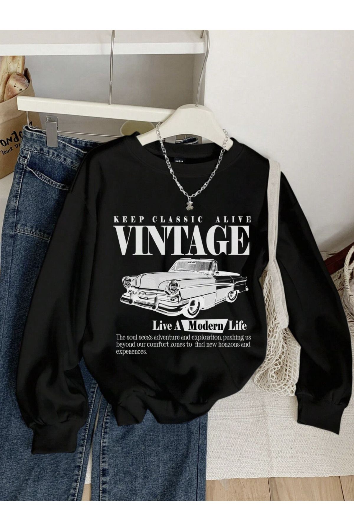 COHERENT Unisex Kadın/Erkek VINTAGE Özel Renkli Oversize Bisiklet Yaka Pamuklu Sweatshirt