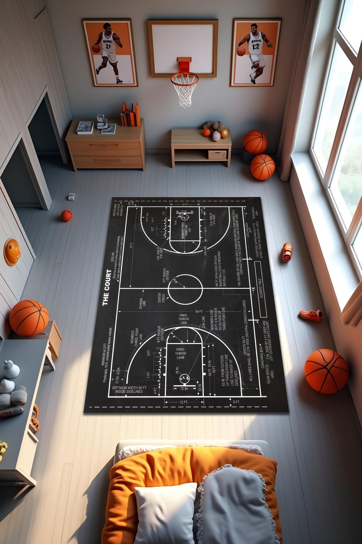 Liriya Dijital Baskı Basketbol Temalı Kaymaz Taban Leke Tutmaz Yıkanabilir Salon Halısı ve Genç Halısı