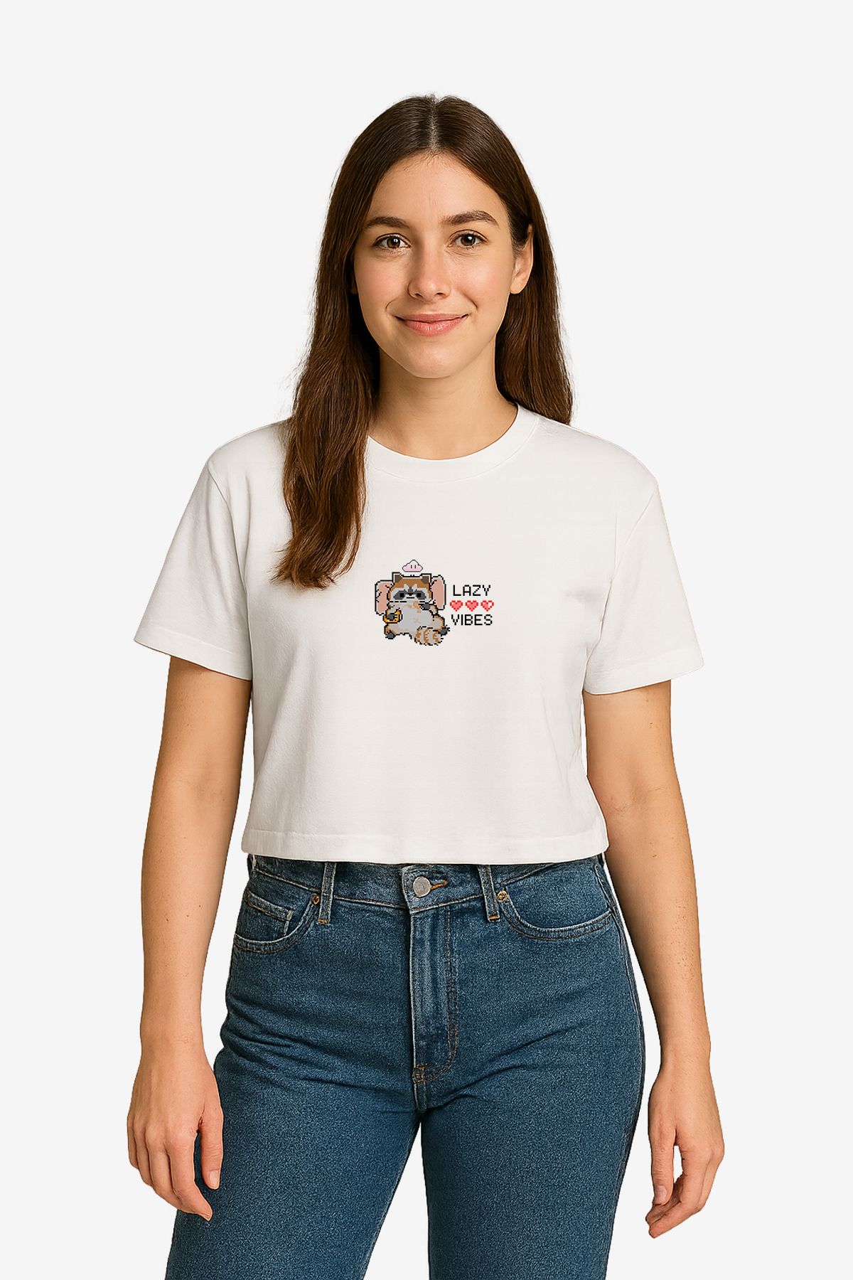 FANA Kadın Beyaz Kısa Tişört Retro Minimal Pixel Rakun Baskılı Oversize T-shirt