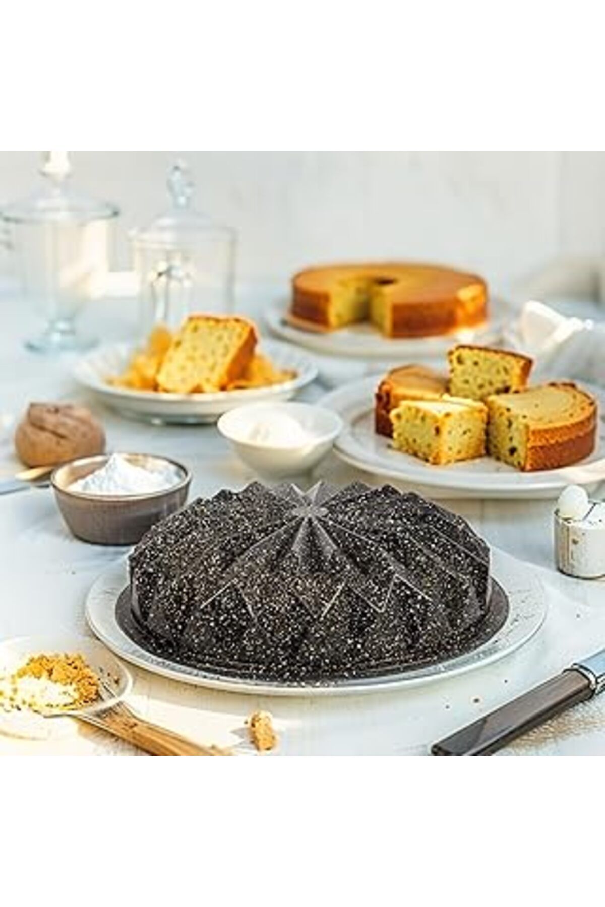 Mu Art Ahşap Thermo Döküm Gövdeli Kristal Kek Kalıbı 28cm, Dilimli Ve Döküm, Siyah Granit Benekli Pişirme Kabı,