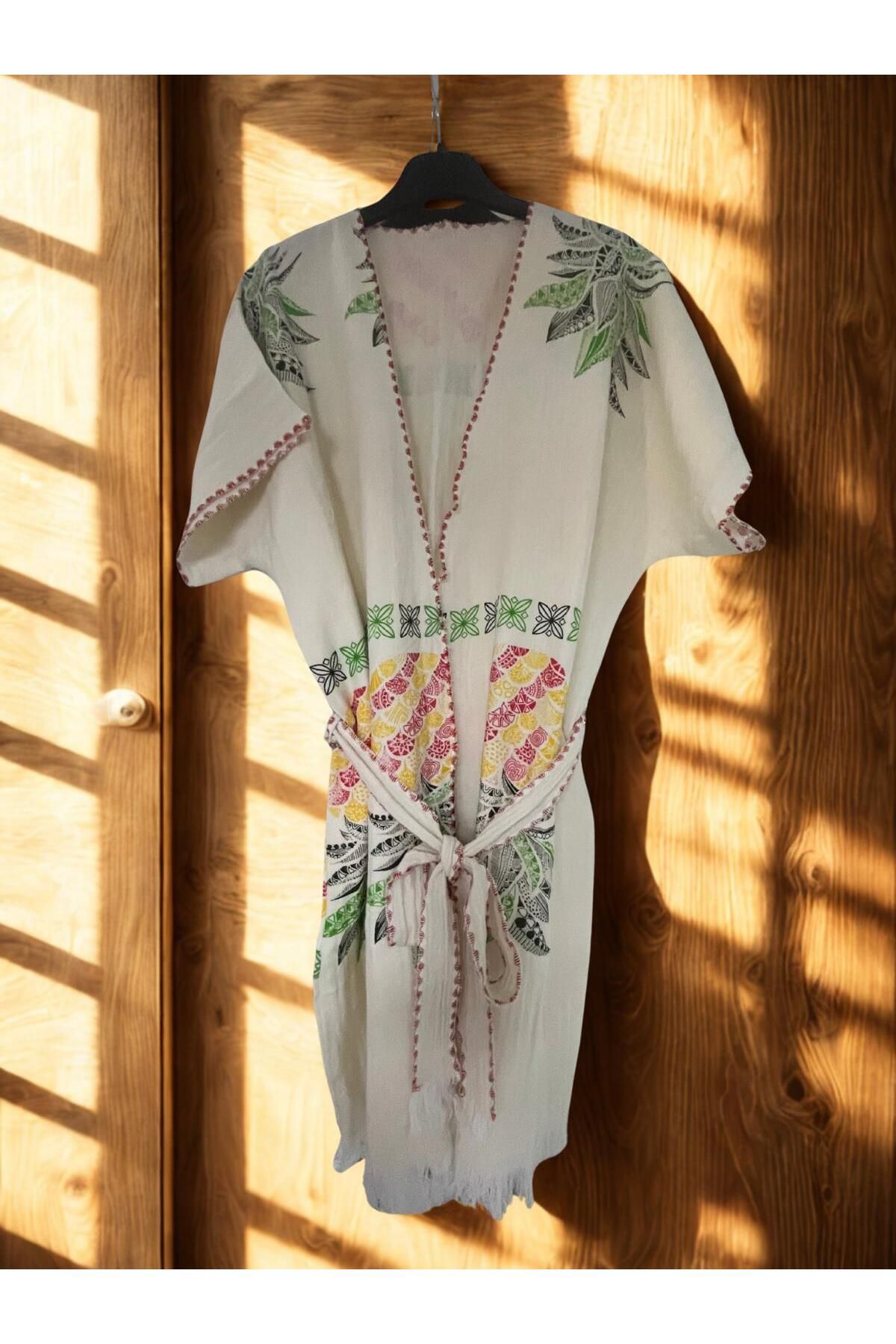 TekStilize Deniz Grubu Ananas Desenli Kimono (%100 PAMUKLU)