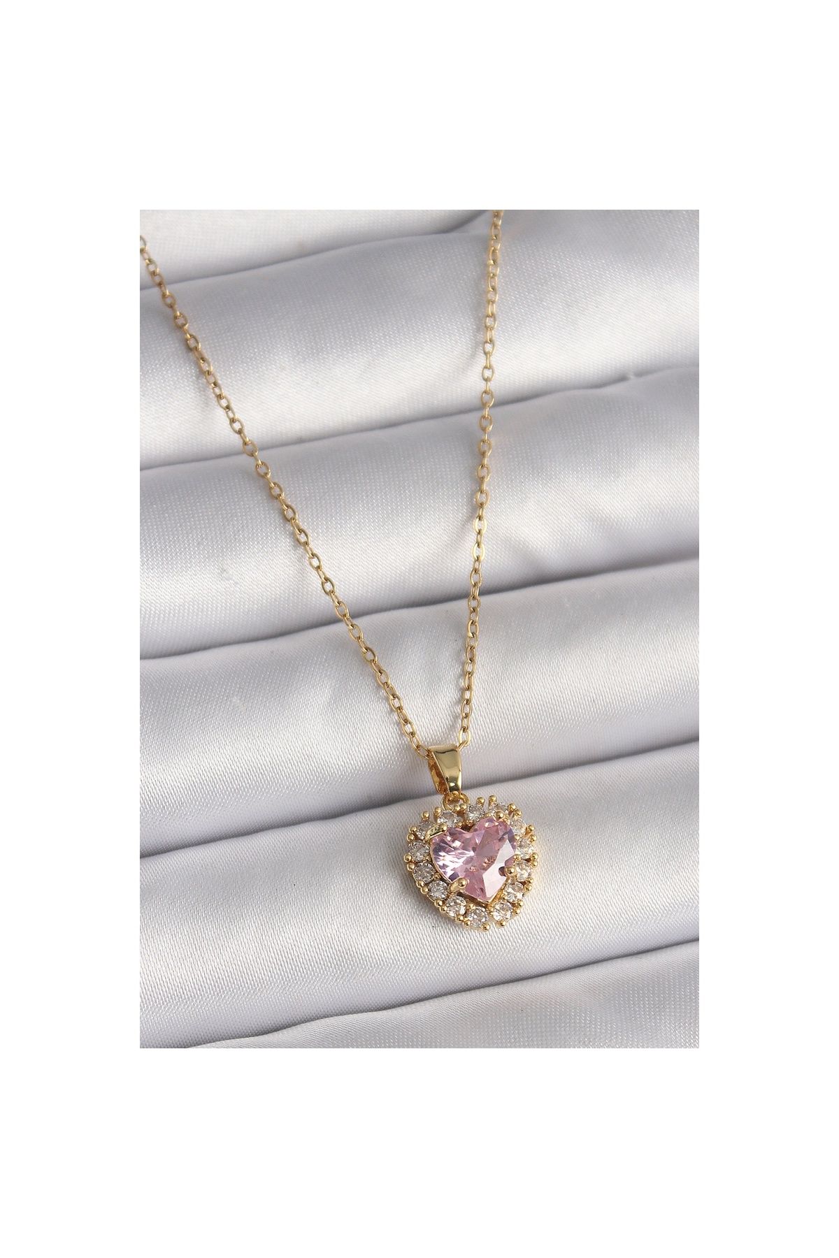 maarketim 316L Çelik Gold Renk Zincir Pembe Zirkon Taşlı Kalp Model Kadın Kolye