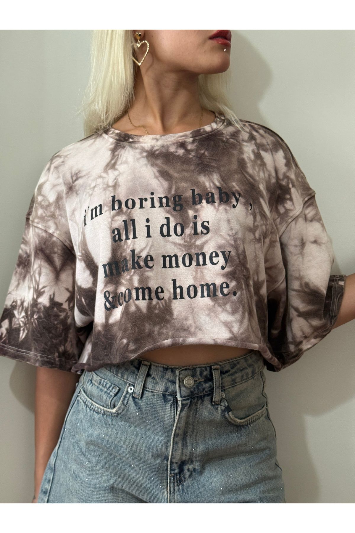 NFY BUTİK YIKAMALI YAZI DETAYLI CROP T-SHIRT %100 PAMUK