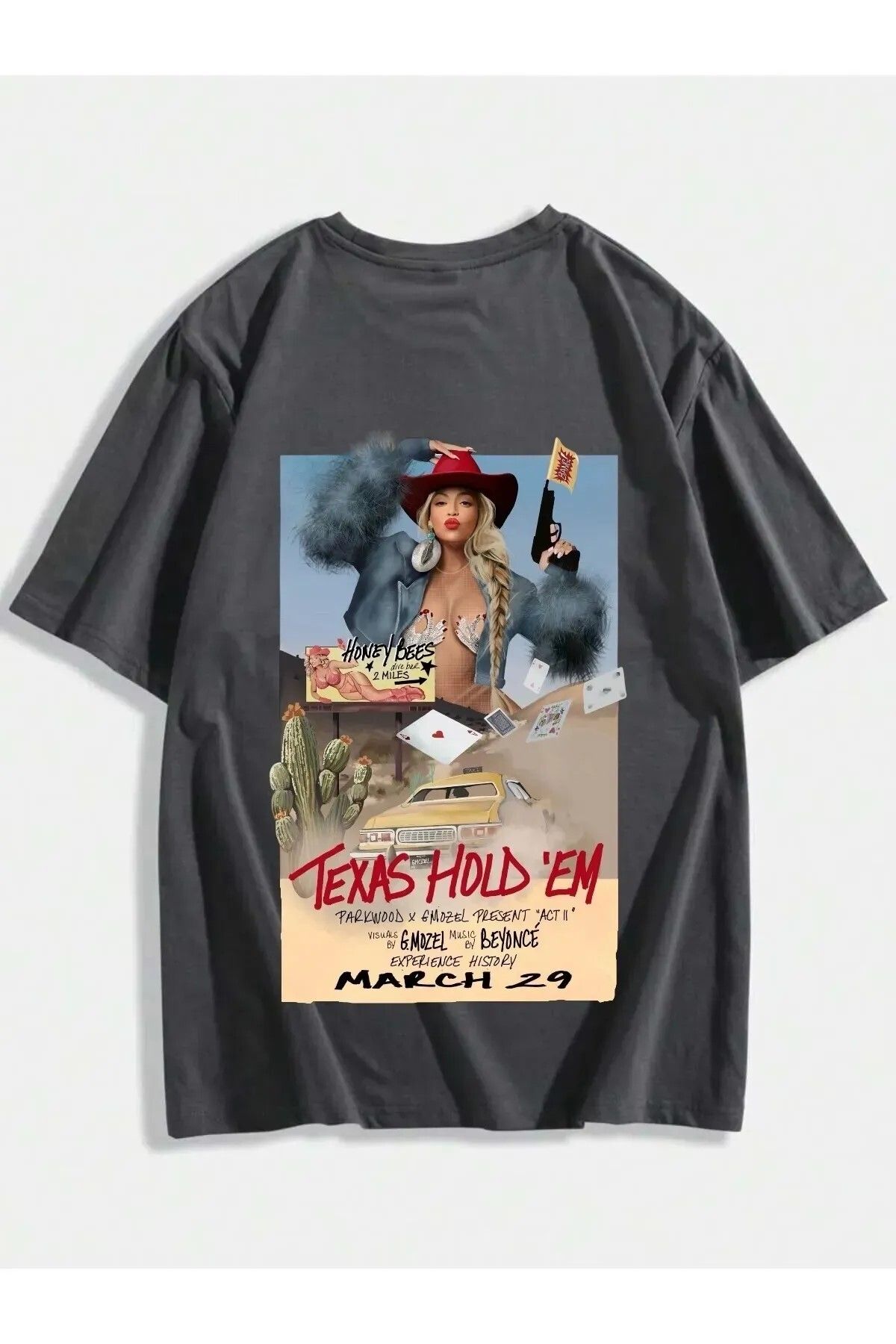 DEEFWEAR Füme Beyonce Texas Hold' Em Ön/Arka Baskılı Oversize Unisex T-shirt