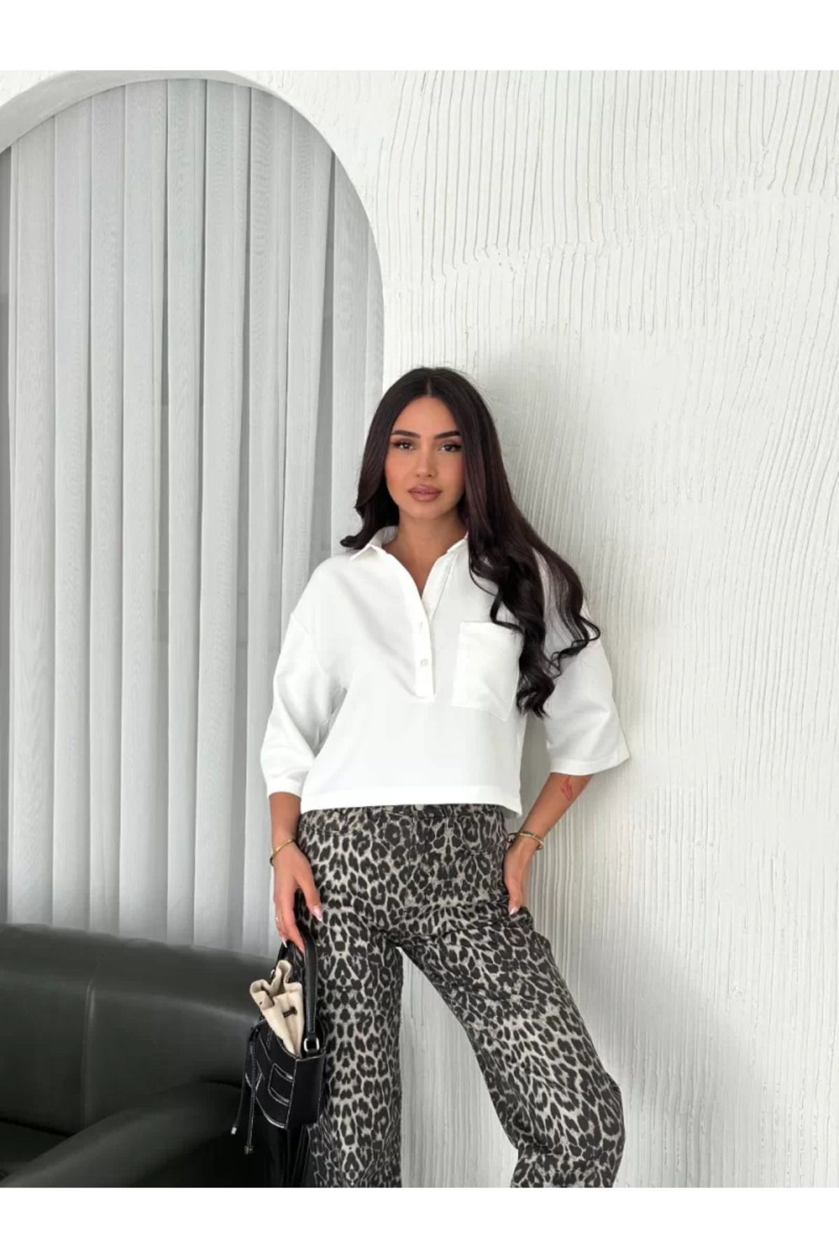ruum fashions Z Krep Kadın Crop Yakalı Gömlek İlik Düğmeli Üç Çeyrek Sleeve Kol