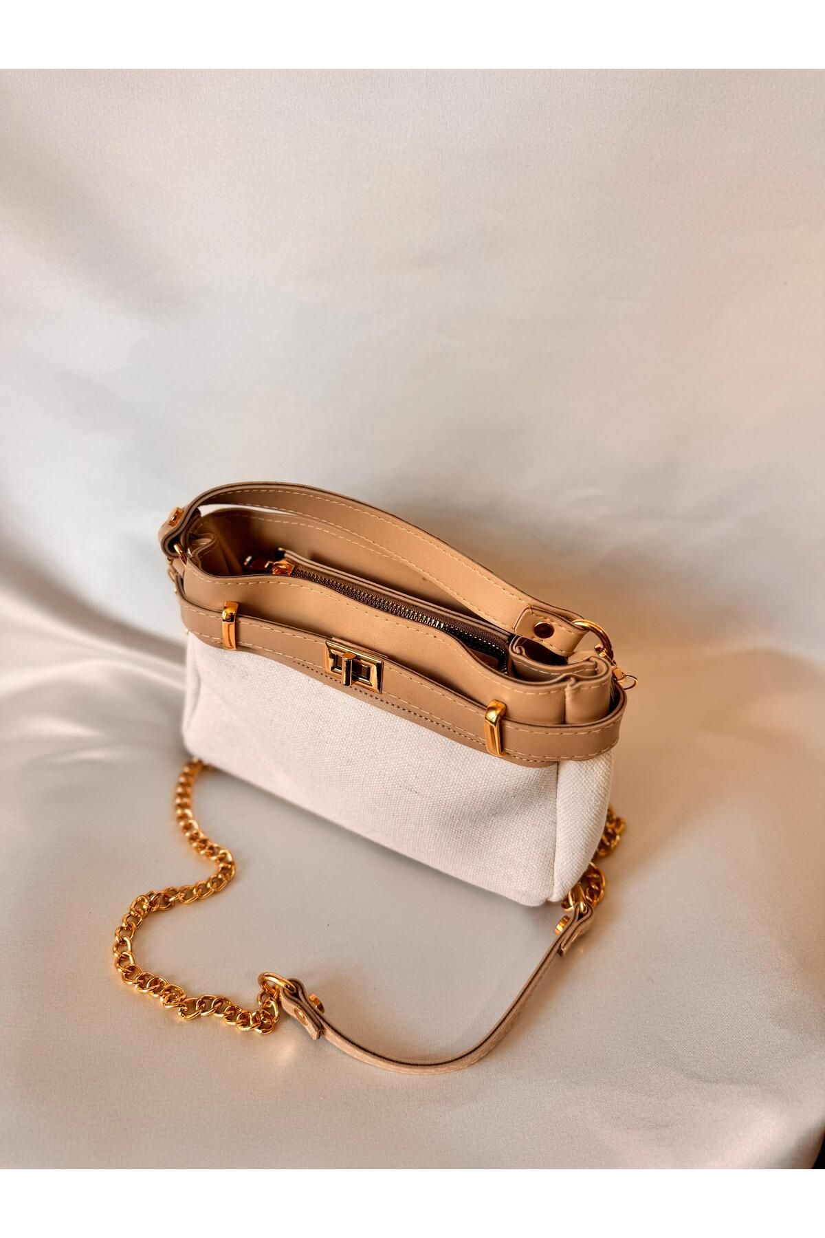 Butik Gold Detaylı Keten Kumaş Yazlık Kadın El ve Omuz Çantası