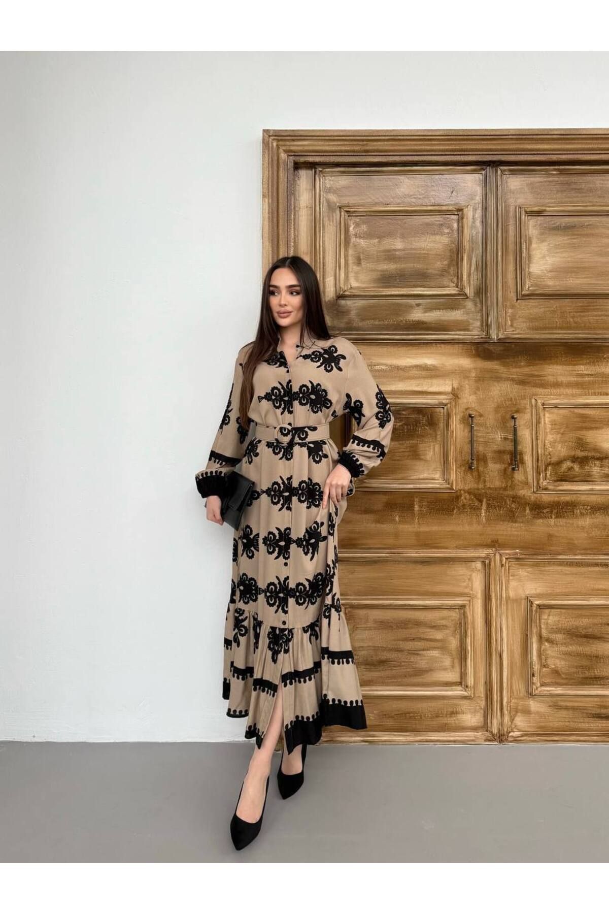 moda paketi Kadın Desenli Viscon Kemerli Tesetür Elbise