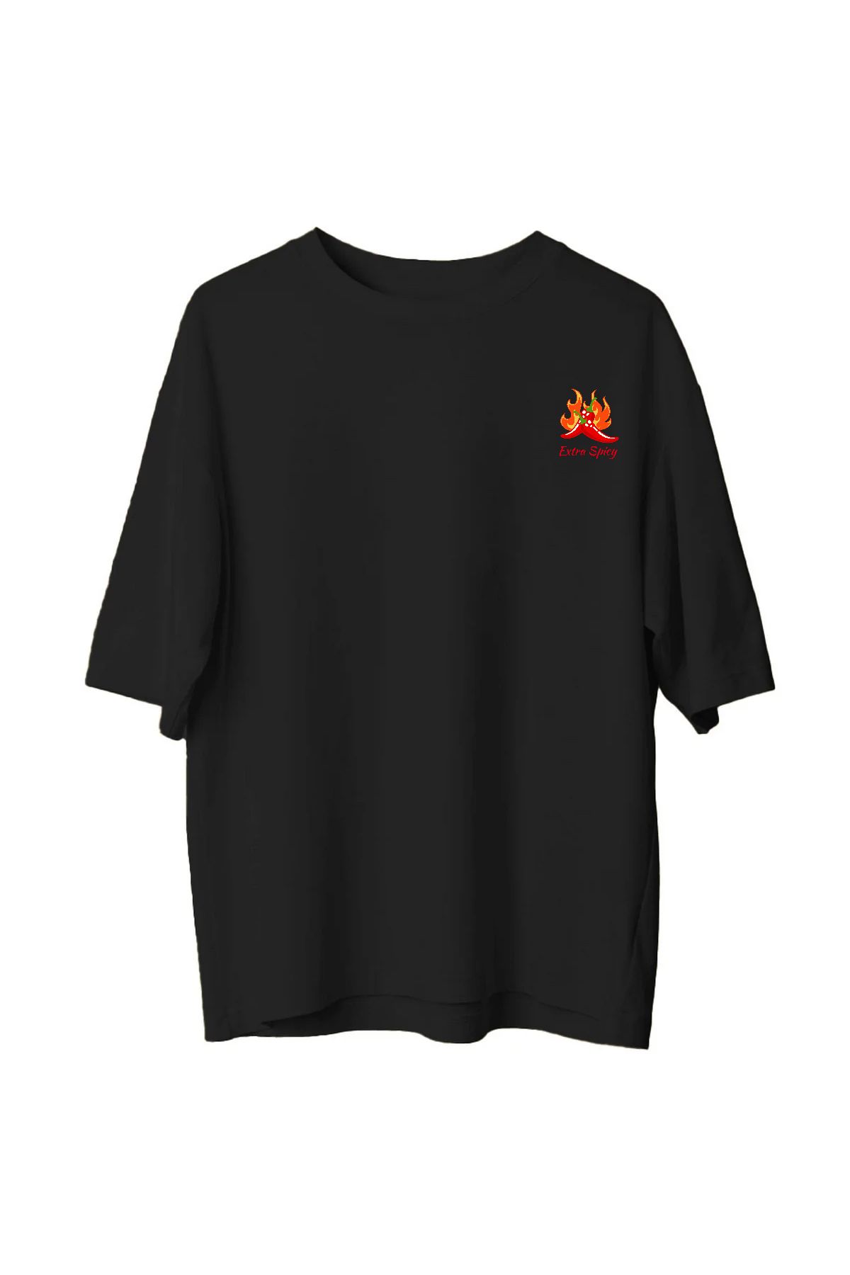 VMGA Extra Spicy Alevli Acı Biber Baskılı Tişört – Siyah Unisex Mizahi Tasarım