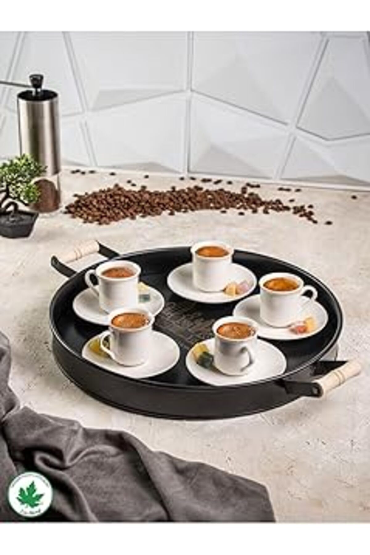 Mu Art Ahşap Lin Metal 37Cm Ahşap Kulplu Siyah Metal Tepsi Yuvarlak Çay Tepsisi Sunum Tepsisi Tahta Kulplu Kahve