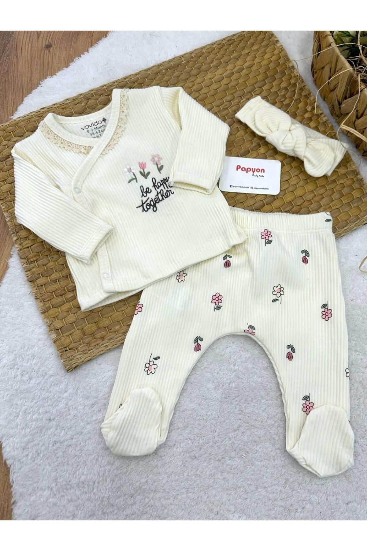 Store Nakışlı Yaka Dantelli Yenidoğan Kız Bebek Natural 3lü Zıbın Set